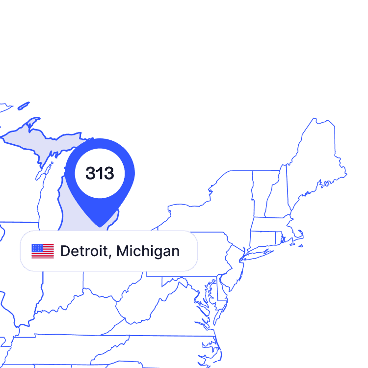 US map of 313 area code phone numbers and its coverage region