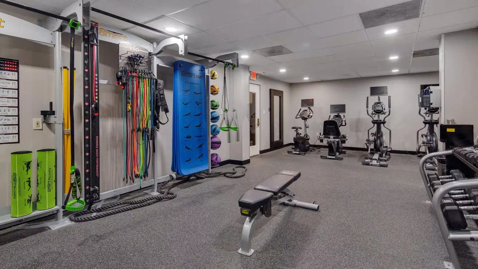 Modern gym with cardio machines, free weights, and functional training gear.