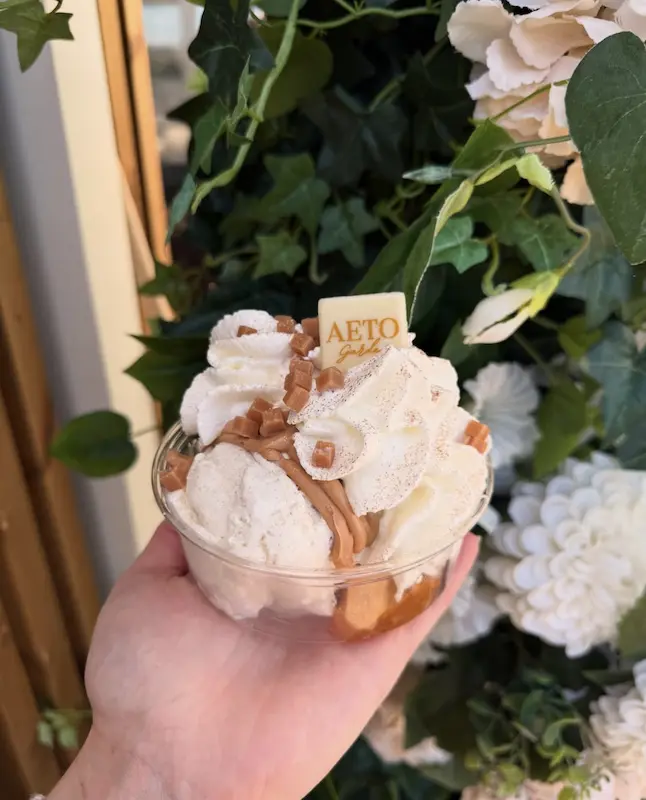 Aeto Gardenin jäätelöannos pehmis, kermavaahto ja toffee-karamelli AETO-mukissa