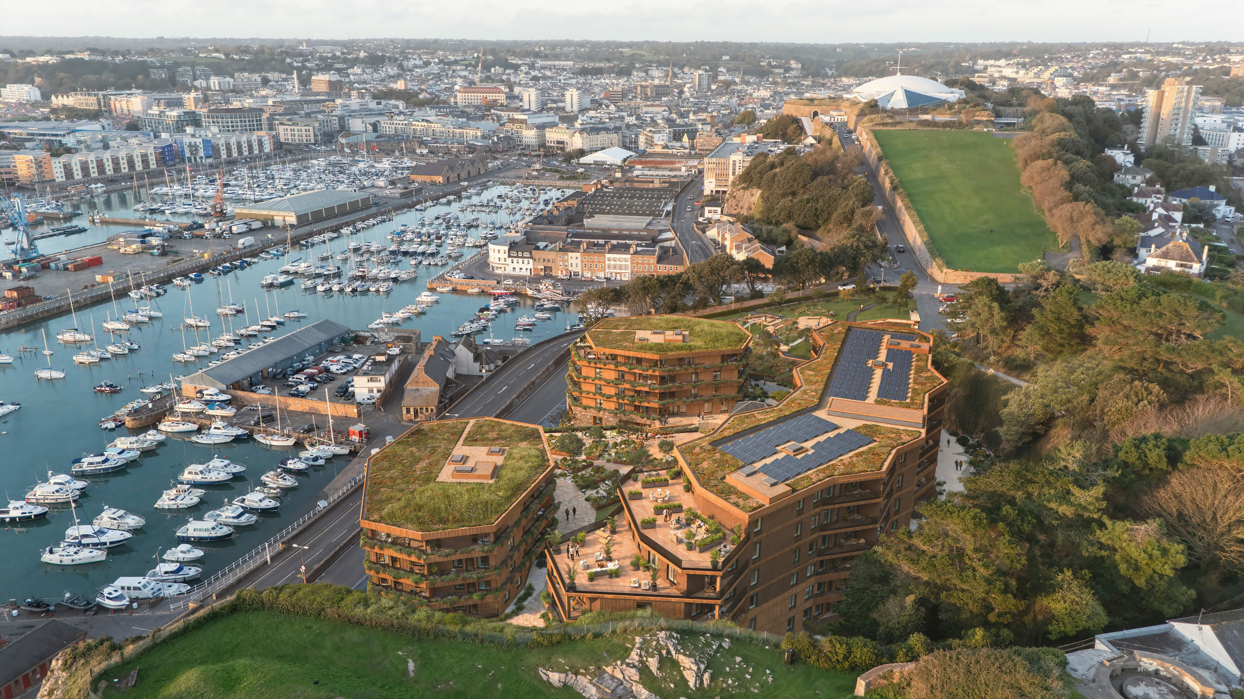 Architectural CGI render of modern waterfront buildings, Photorealistic render