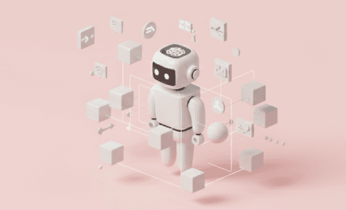 An isometric 3D illustration of a robot standing in the middle of a cloud of cubes and symbols, connected via lines