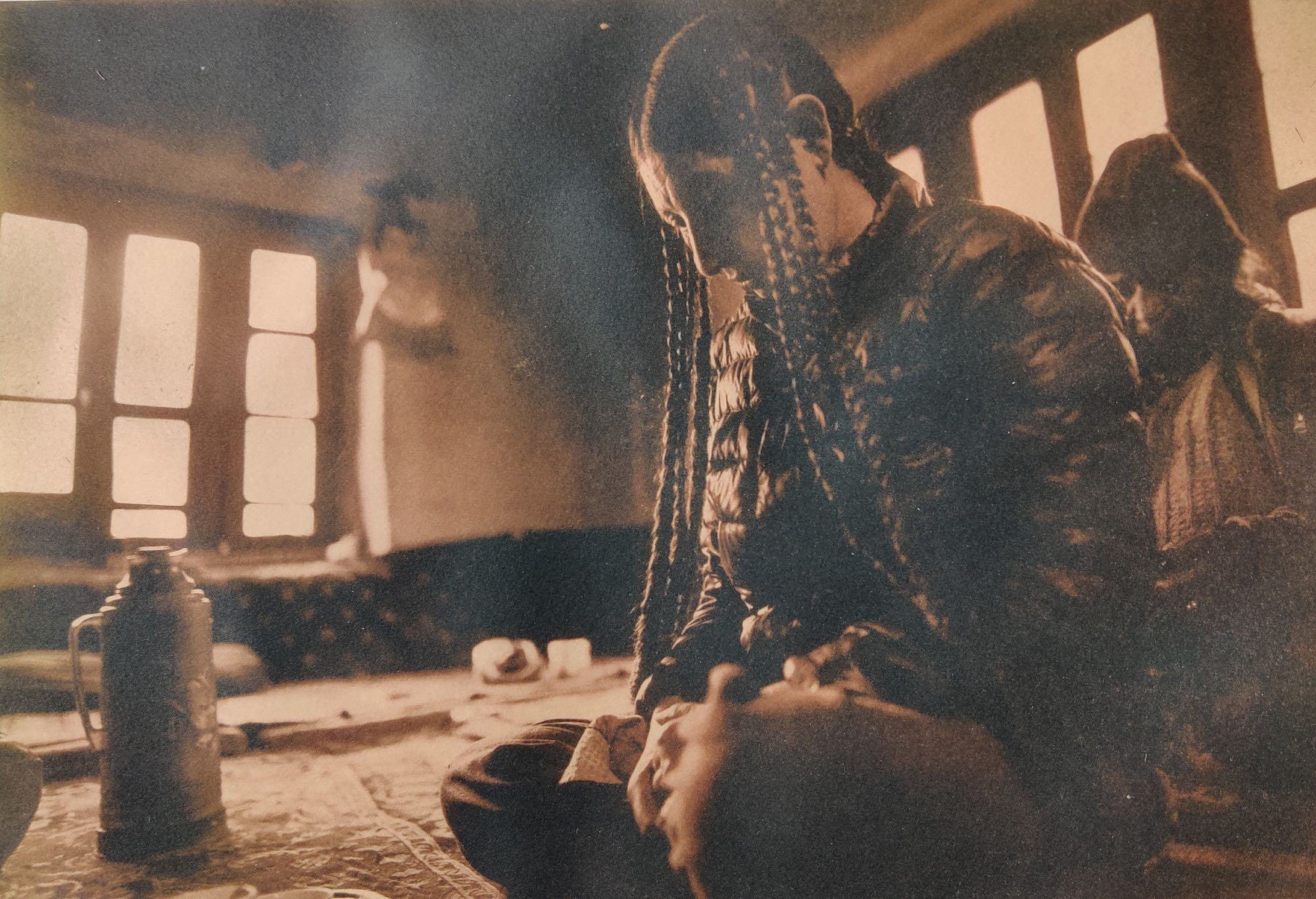 herd of sheep on road painting