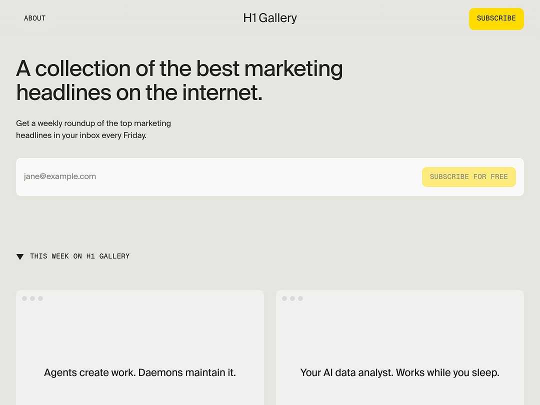 Online marketing headlines newsletter signup page with subscribe button.