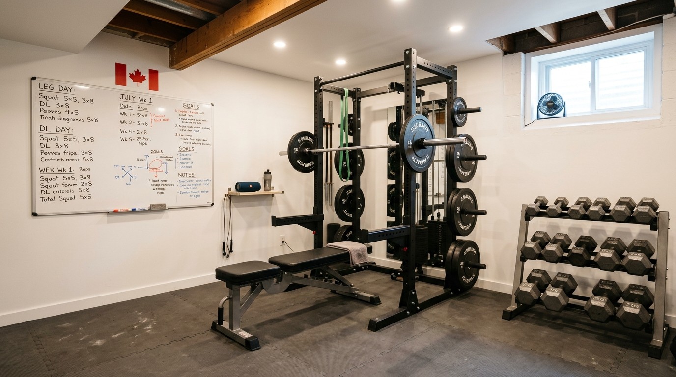 Custom home gym build in Vancouver featuring displayed dumbells and a punching bag.