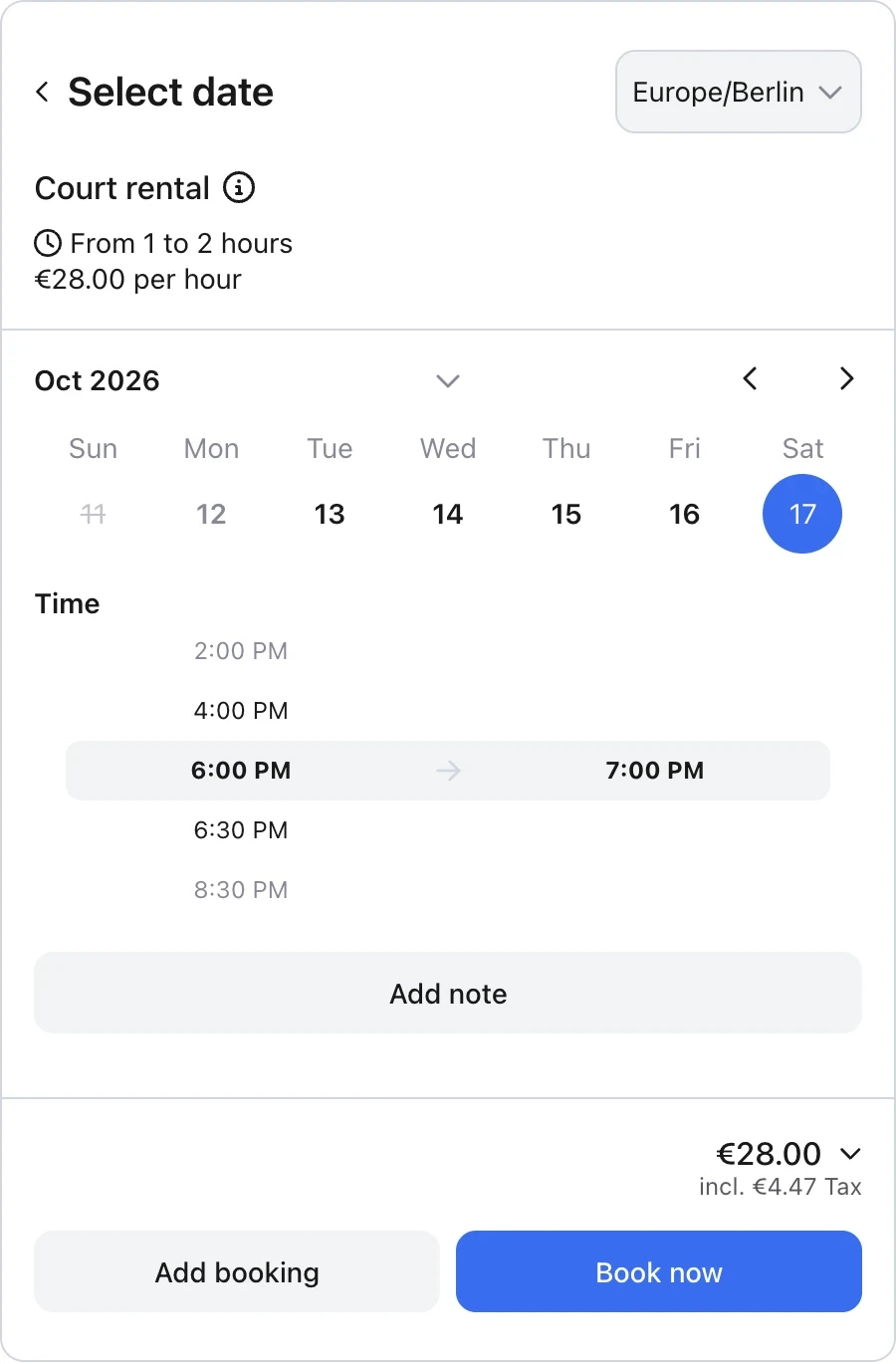 English booking card for court 1 with price