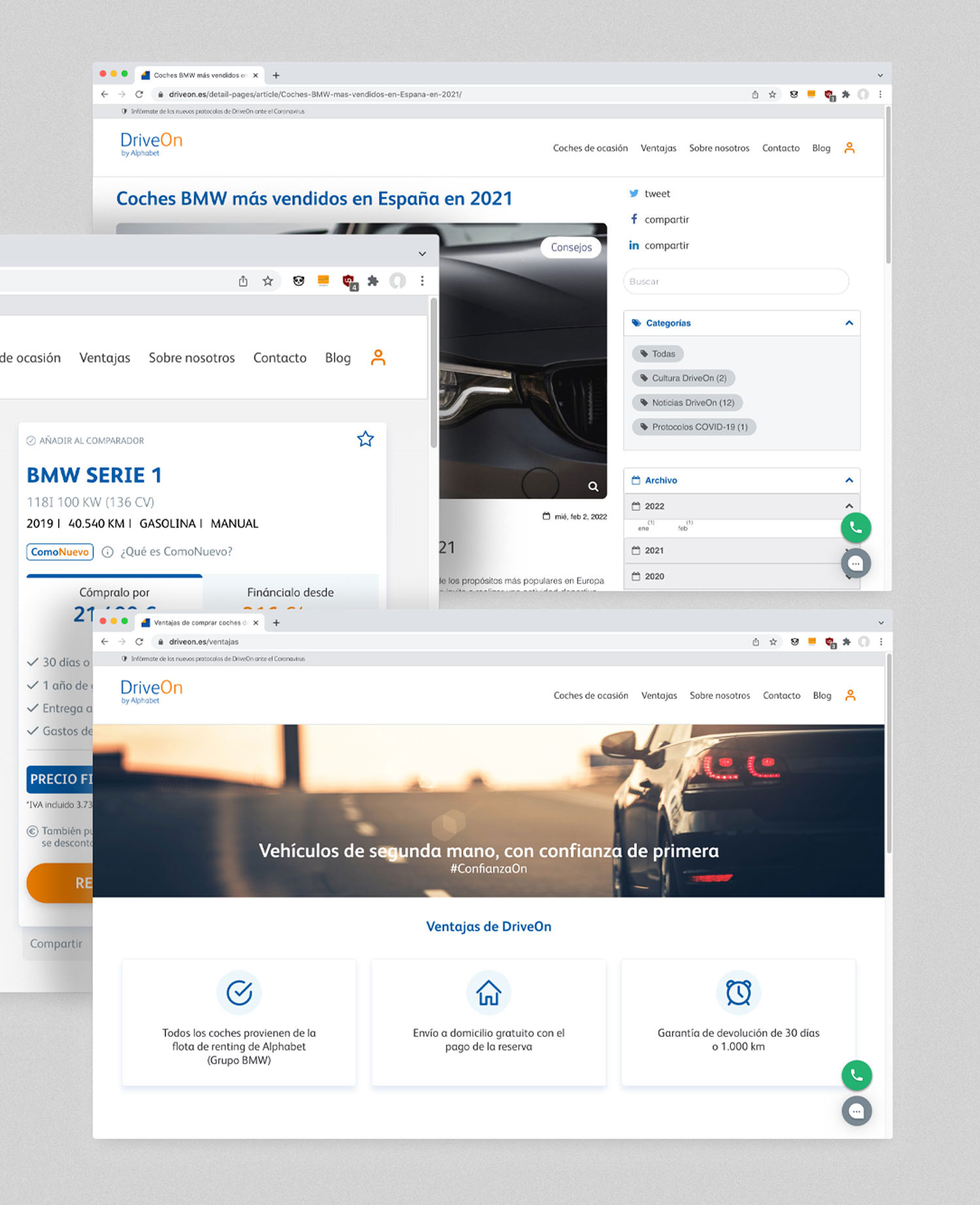 Portfolio Thankium: Sitio web de DriveOn mostrando coches BMW más vendidos en España 2021 y ventajas de vehículos de segunda mano.