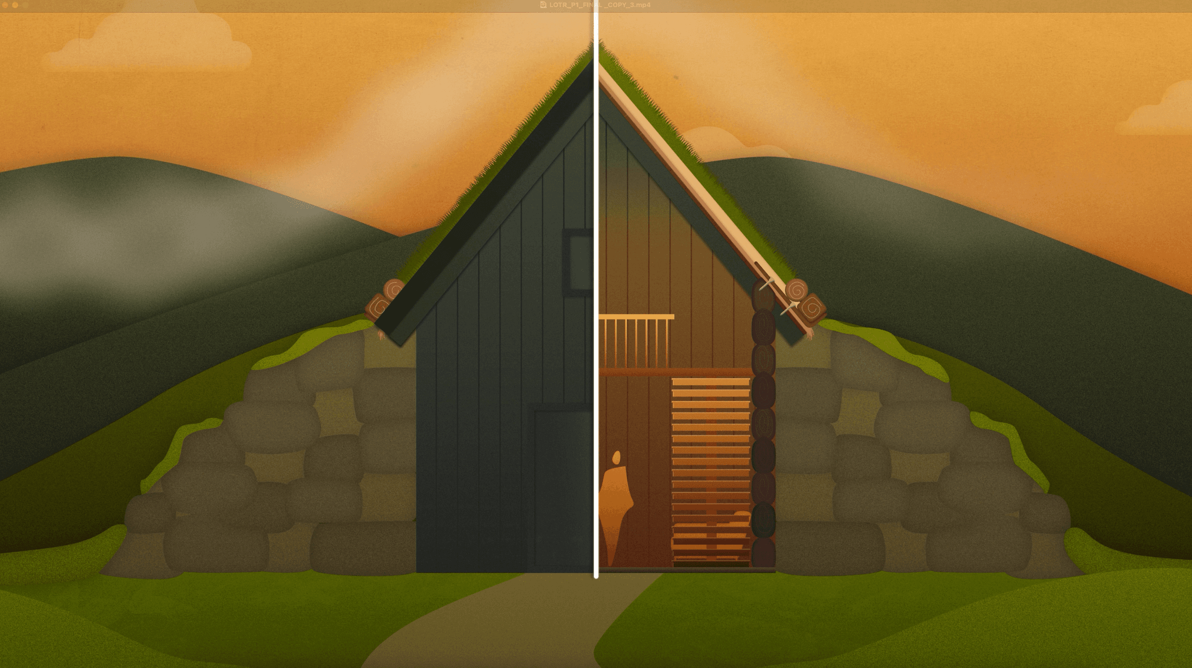 Cutaway drawing of a hobbit house, split down the middle: turf roof and gable on the left, interior stair and hearth revealed on the right.