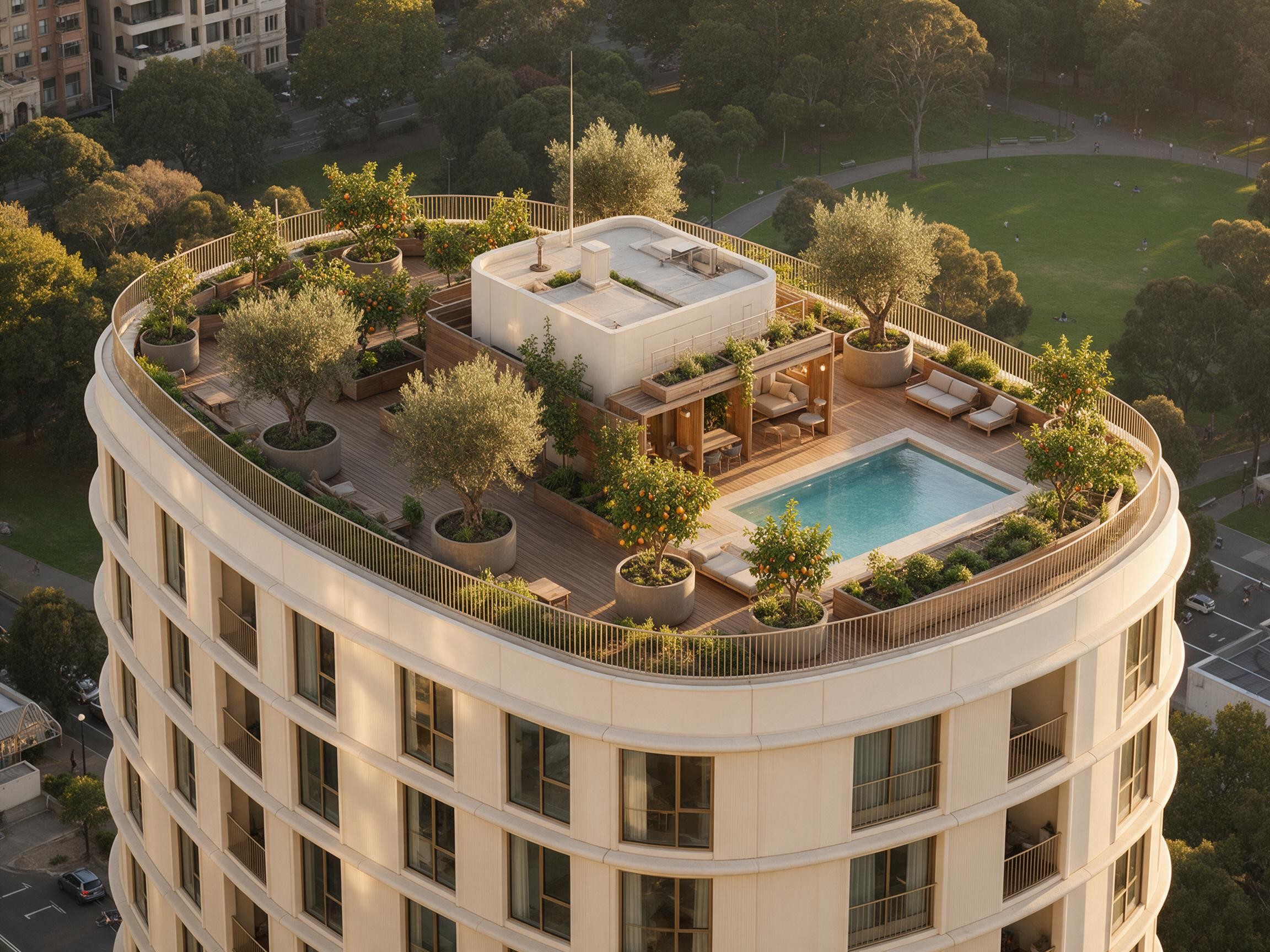 Rooftop orchard at Aurelia Residences, Tashkent City.