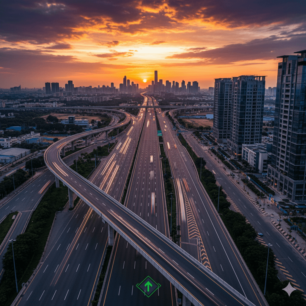 Expressway sunset, city skyline. M3M Gurugram connectivity
