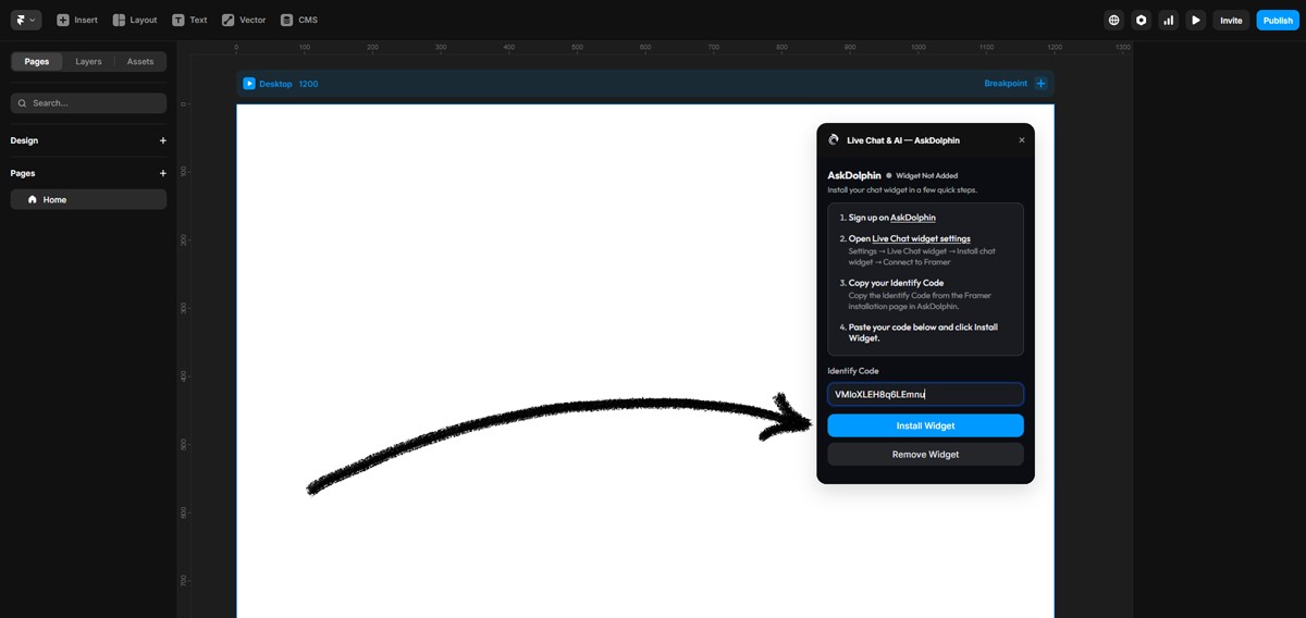 Framer AskDolphin plugin showing Install Widget button after entering Identify Code