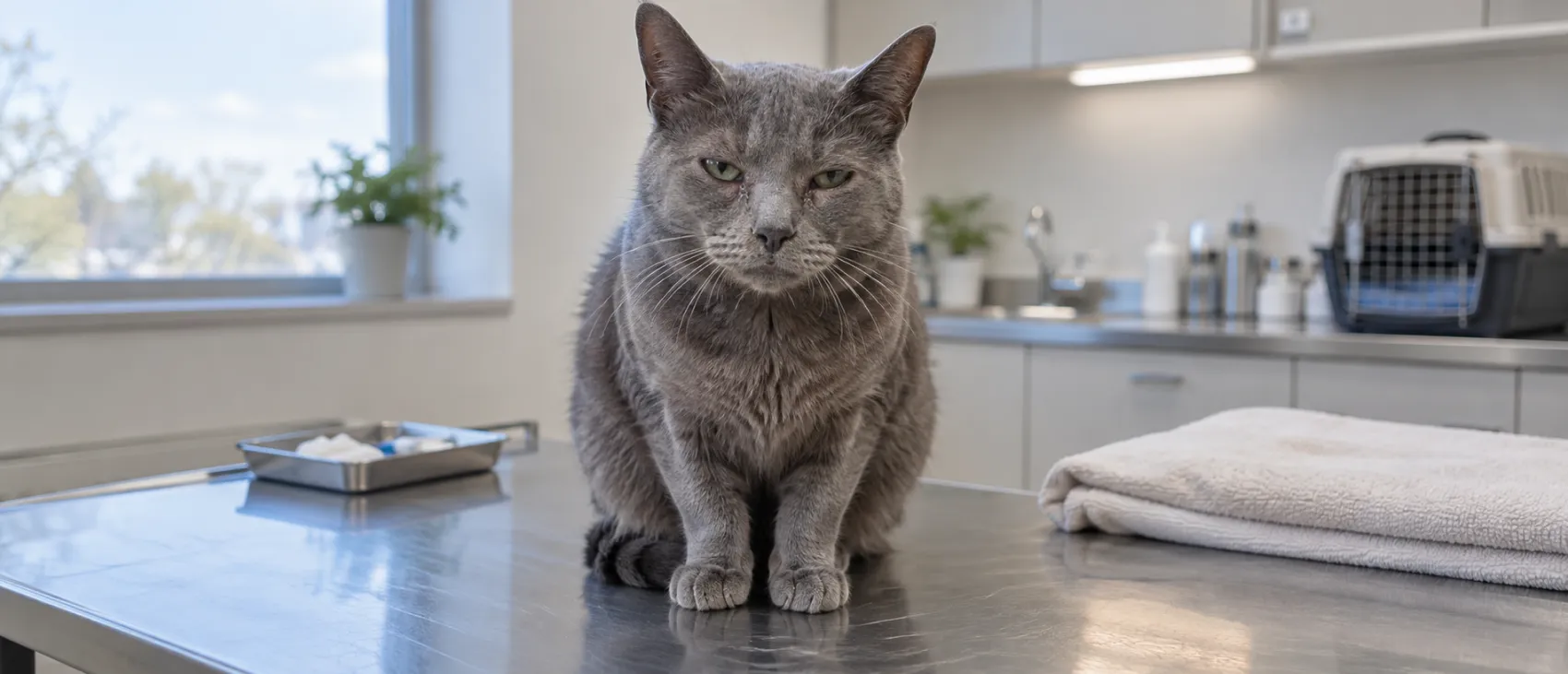 A grey cat sitting on a vet exam table beside a supply tray.