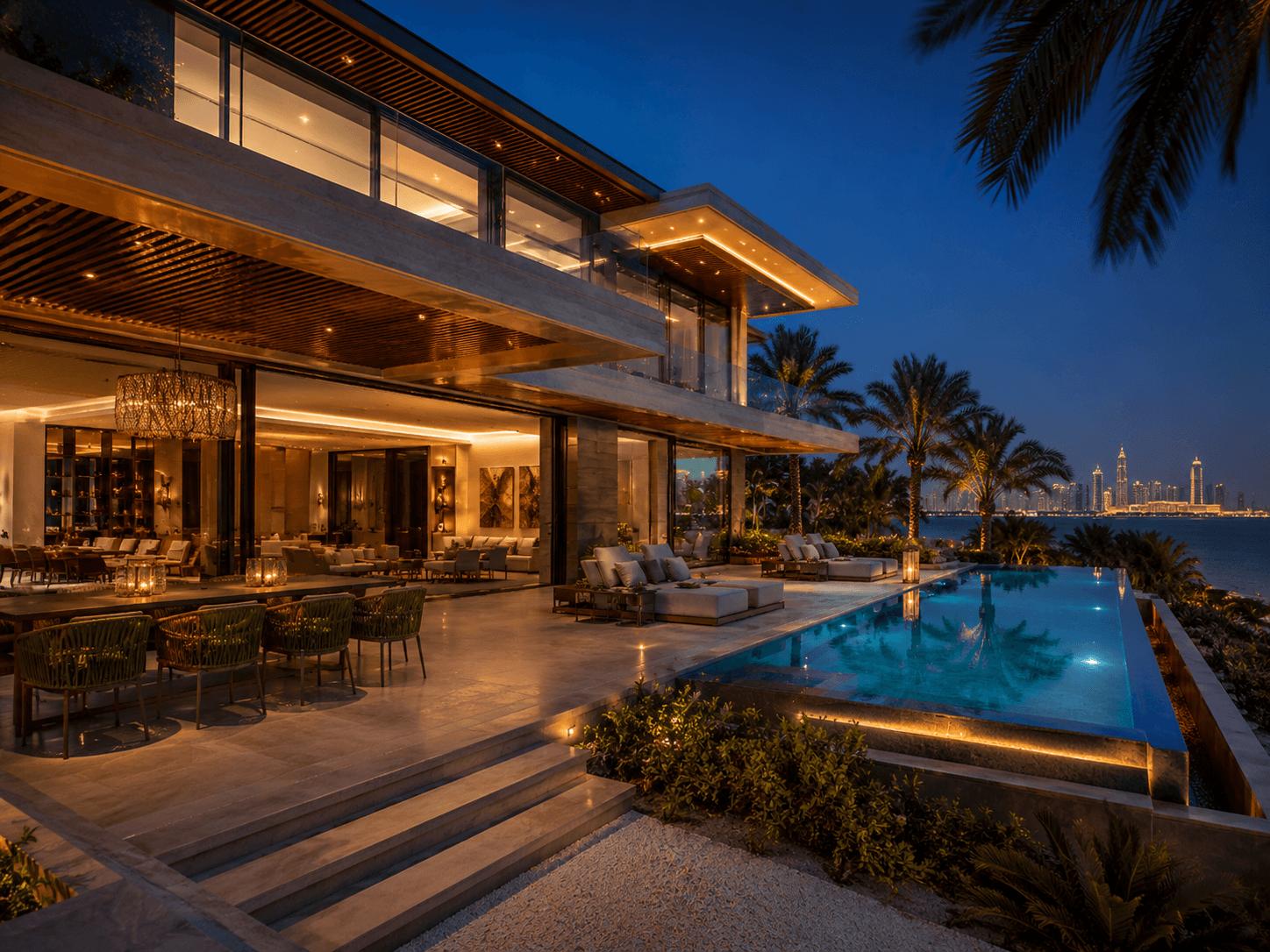 Modern Dubai waterfront villa at twilight with an illuminated terrace, infinity pool, and skyline views.
