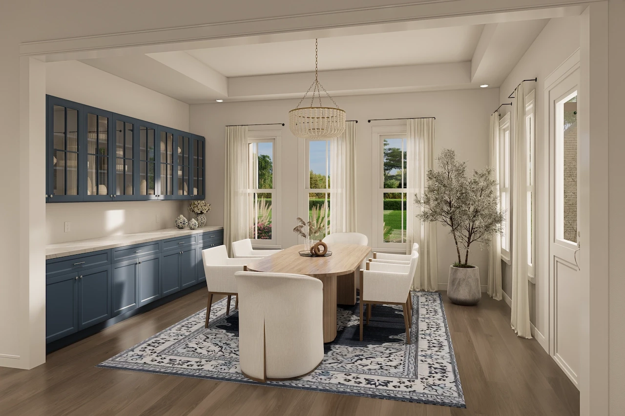 Photorealistic 3D render of an elegant dining room with a wood table, six white chairs, a blue cabinet wall, and large windows. Created by 3D CBA.