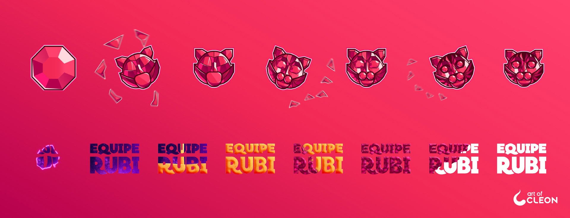 Keyframes from the Equipe Rubi motion design, moving from a ruby through fragmented facets to the cat symbol and wordmark.