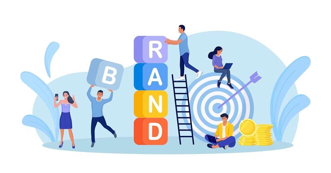 Illustration of a diverse team building the word BRAND with blocks around a target and coins, representing creator-driven brand growth