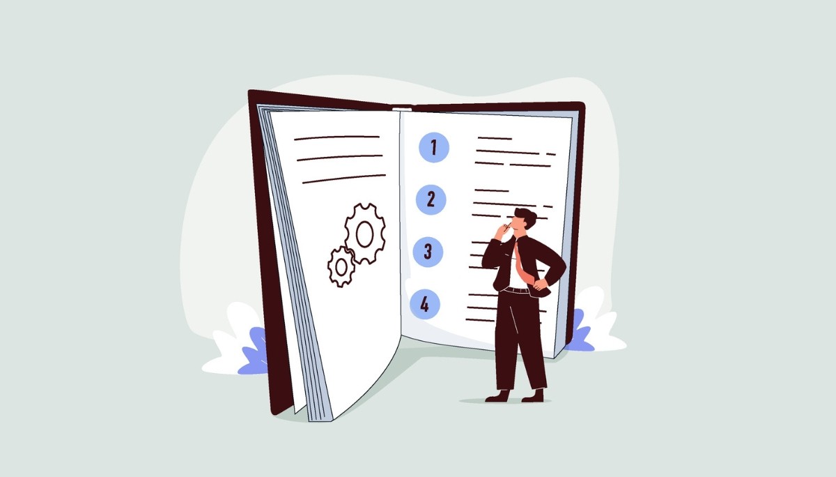 Illustration of two people adjusting interlocking gears within a circular arrow loop, surrounded by charts and checklists.