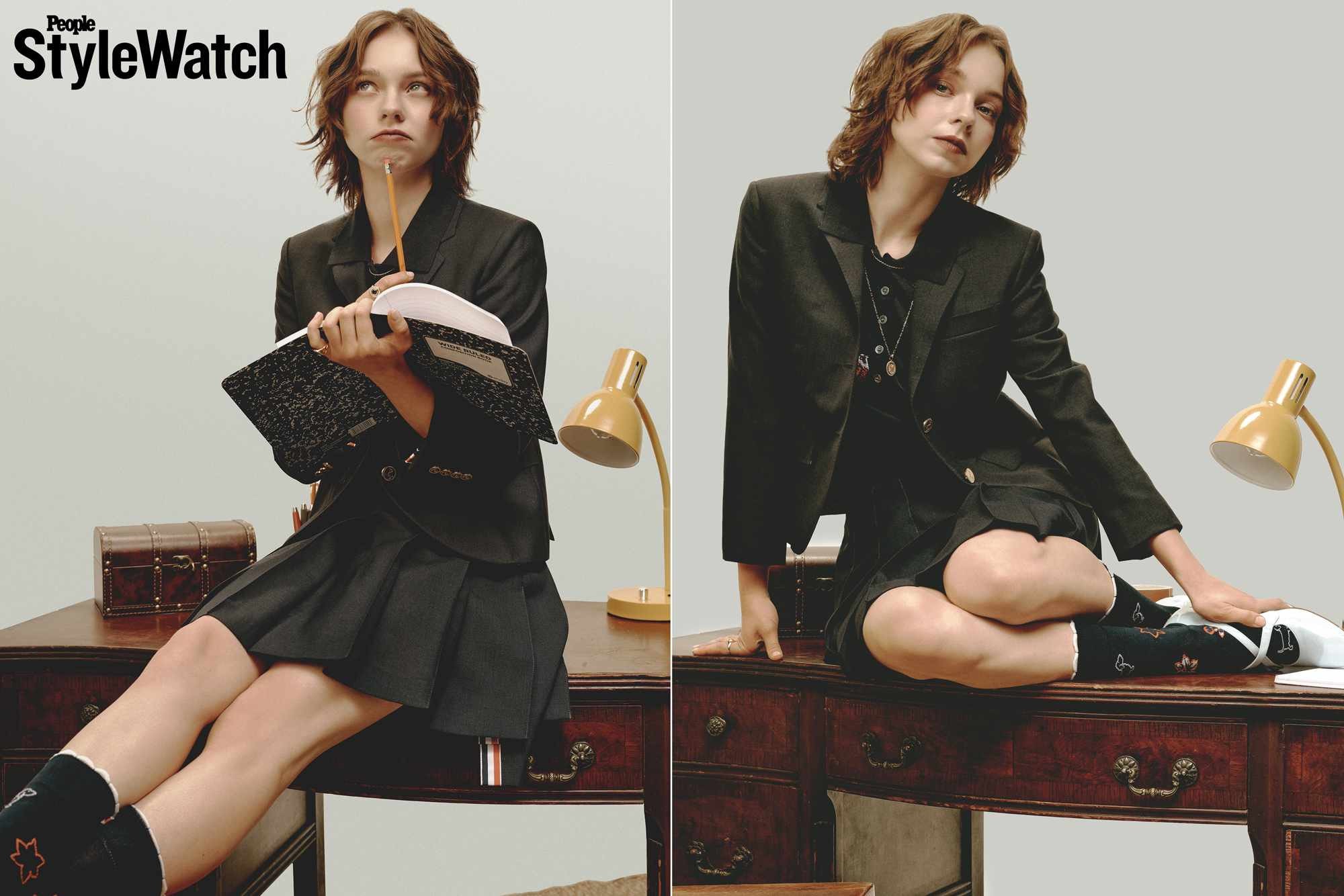 Emma Myers at a school desk with the pencil bouquet