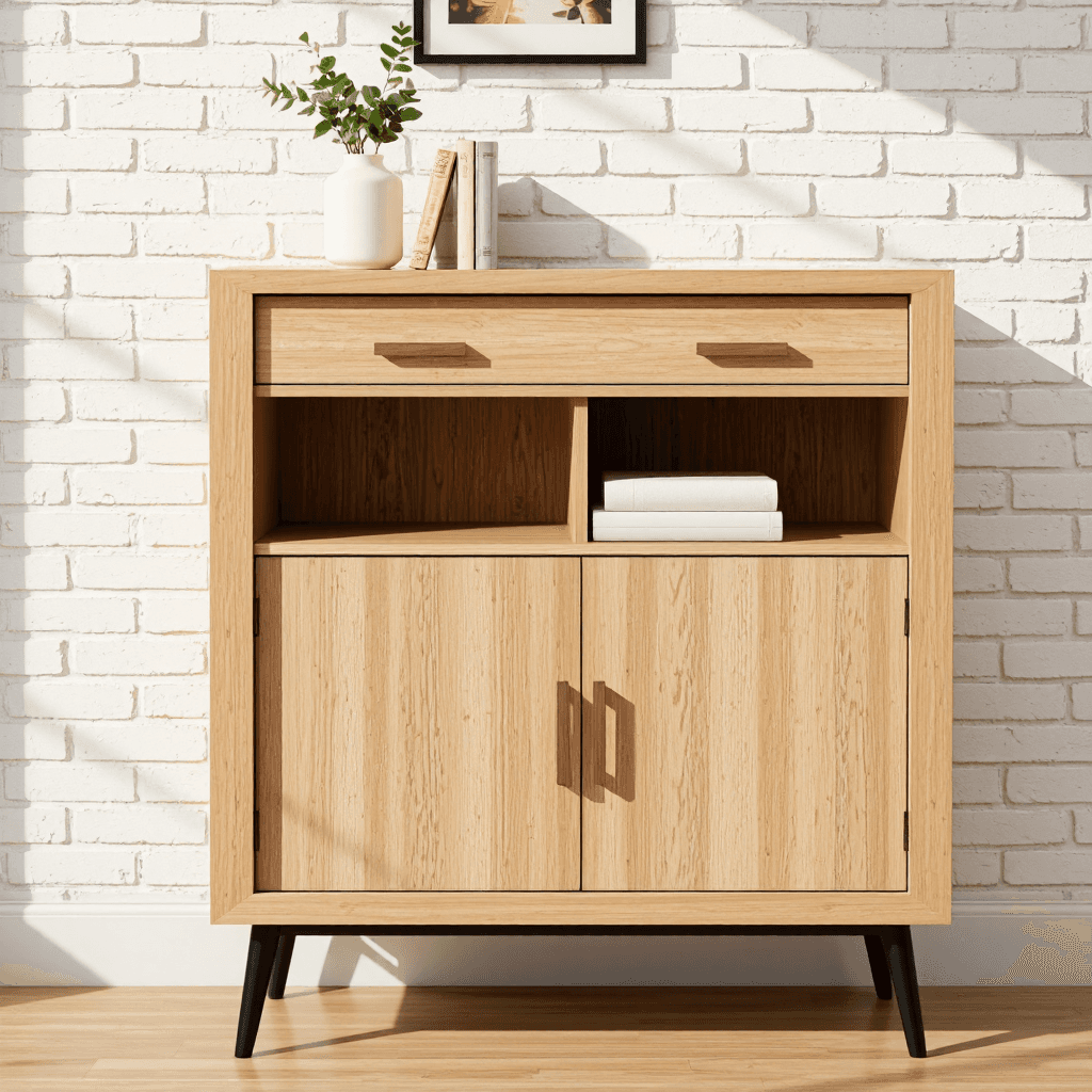 product photography of wooden storage cabinet