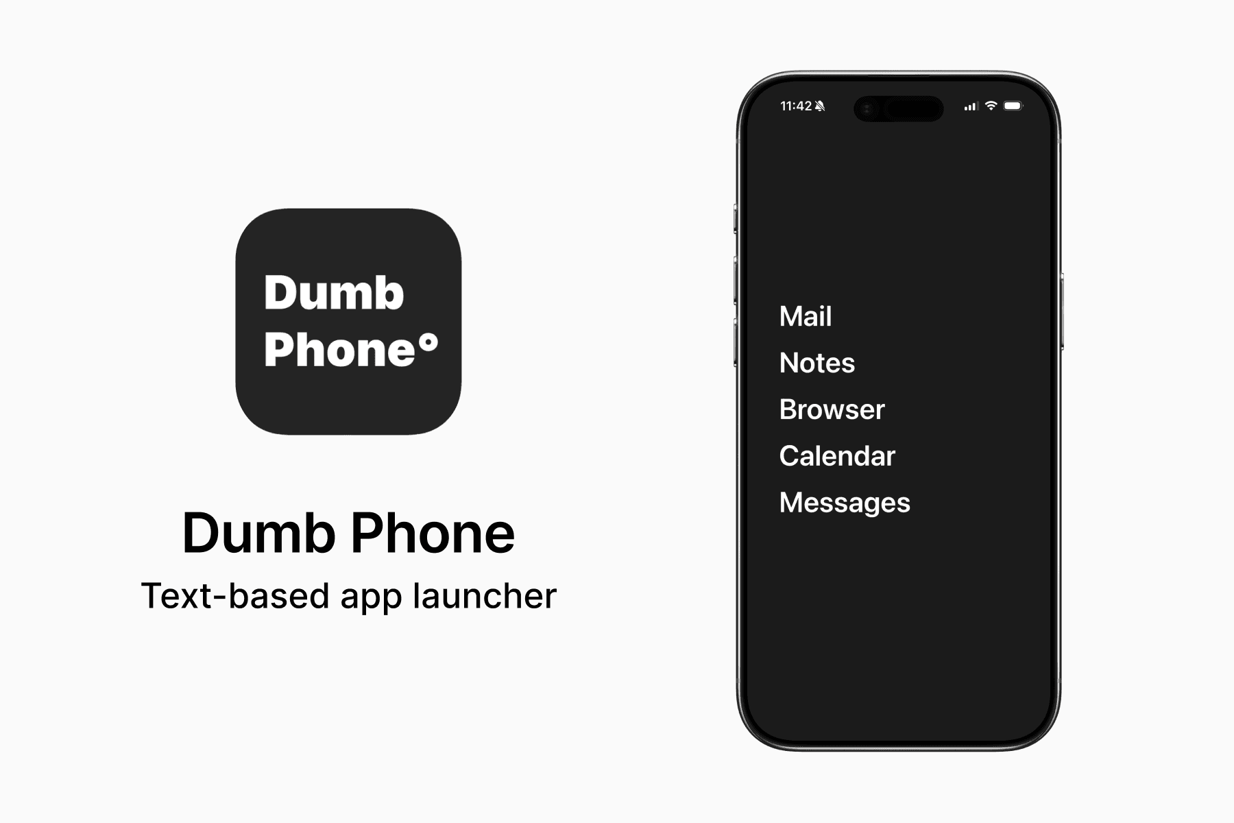 Features the Dumb Phone app icon and in-app screen on the iPhone.