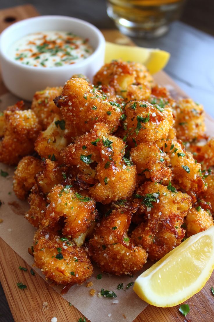 Close-up of golden crispy cauliflower bites garnished with herbs, served with a creamy dipping sauce and lemon wedges on a wooden board