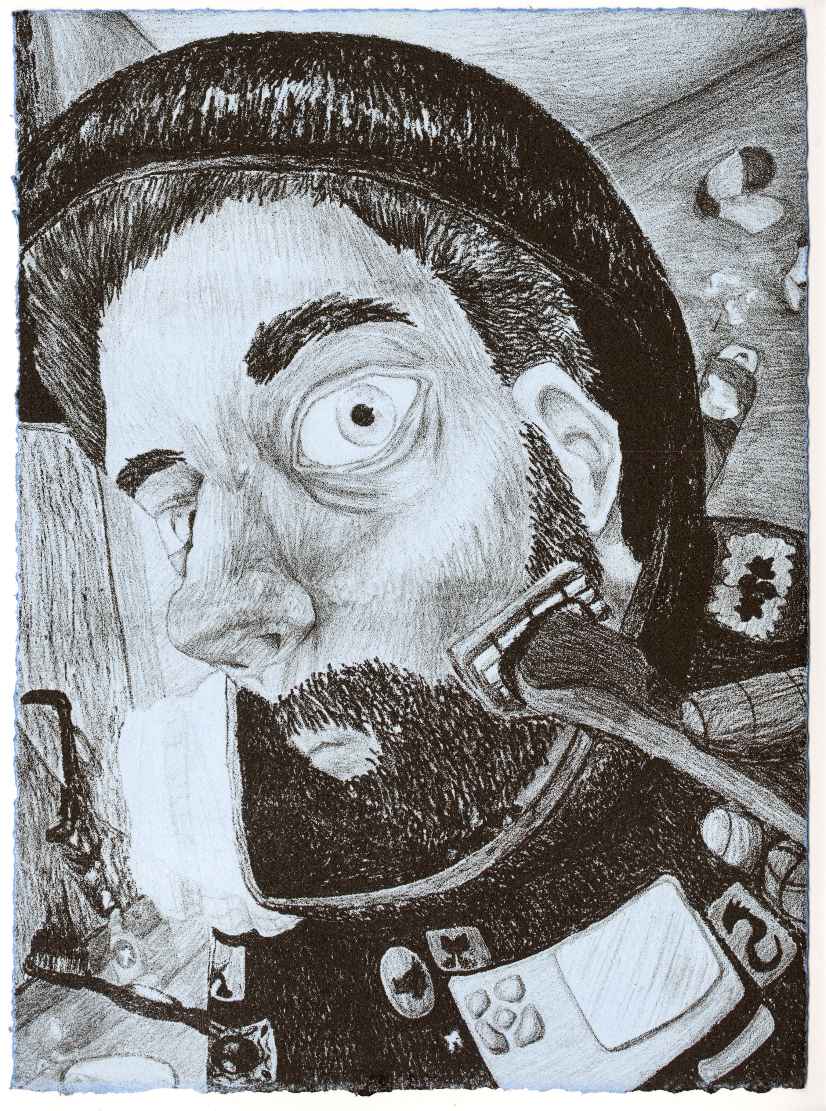 A masculine figure with a beard leans in toward the viewer as if leaning in to a mirror to shave. He wears a spacesuit and several items in the background are floating