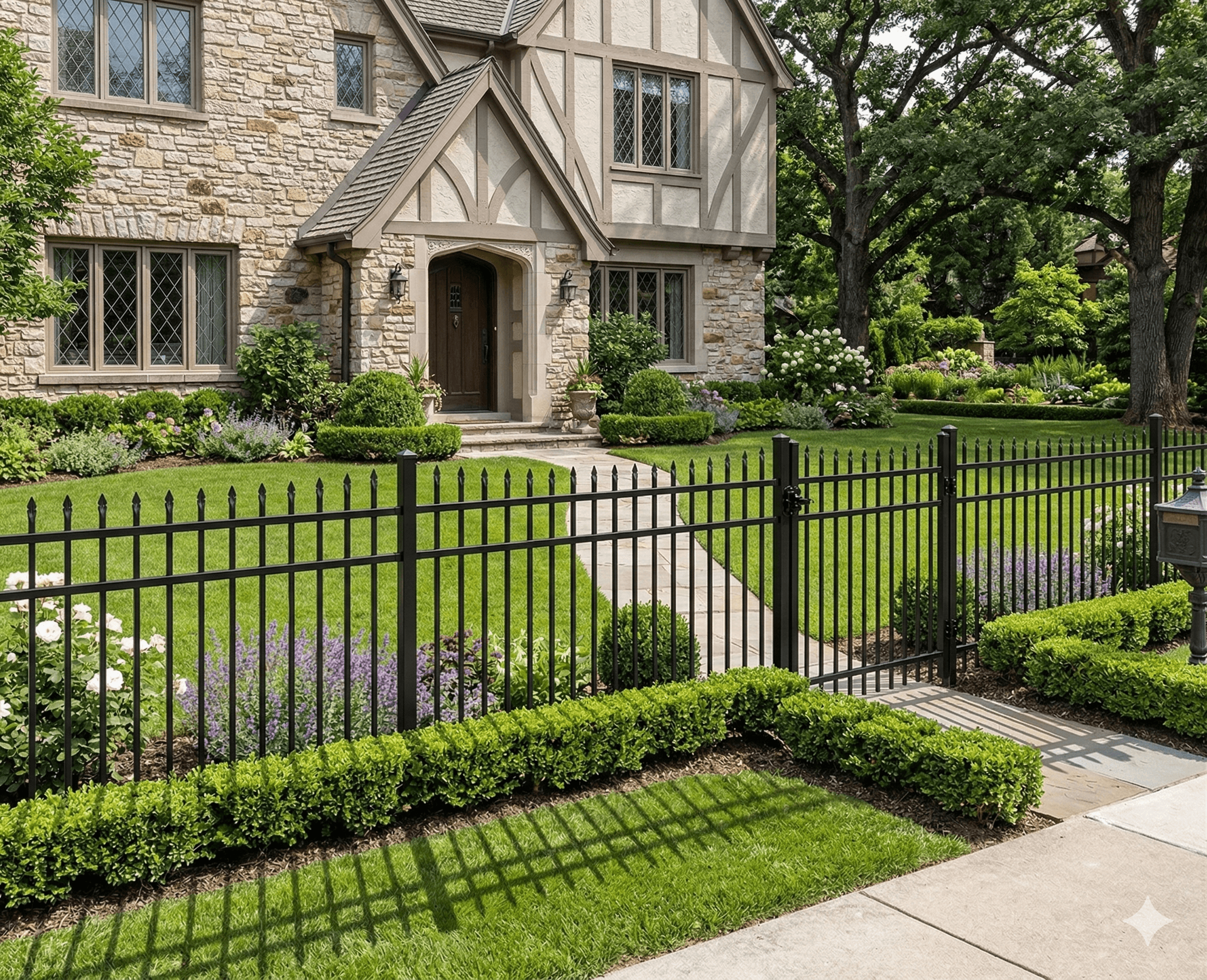 Decorative Eclipse aluminum fence featuring a concave wave profile around a vibrant garden perimeter.