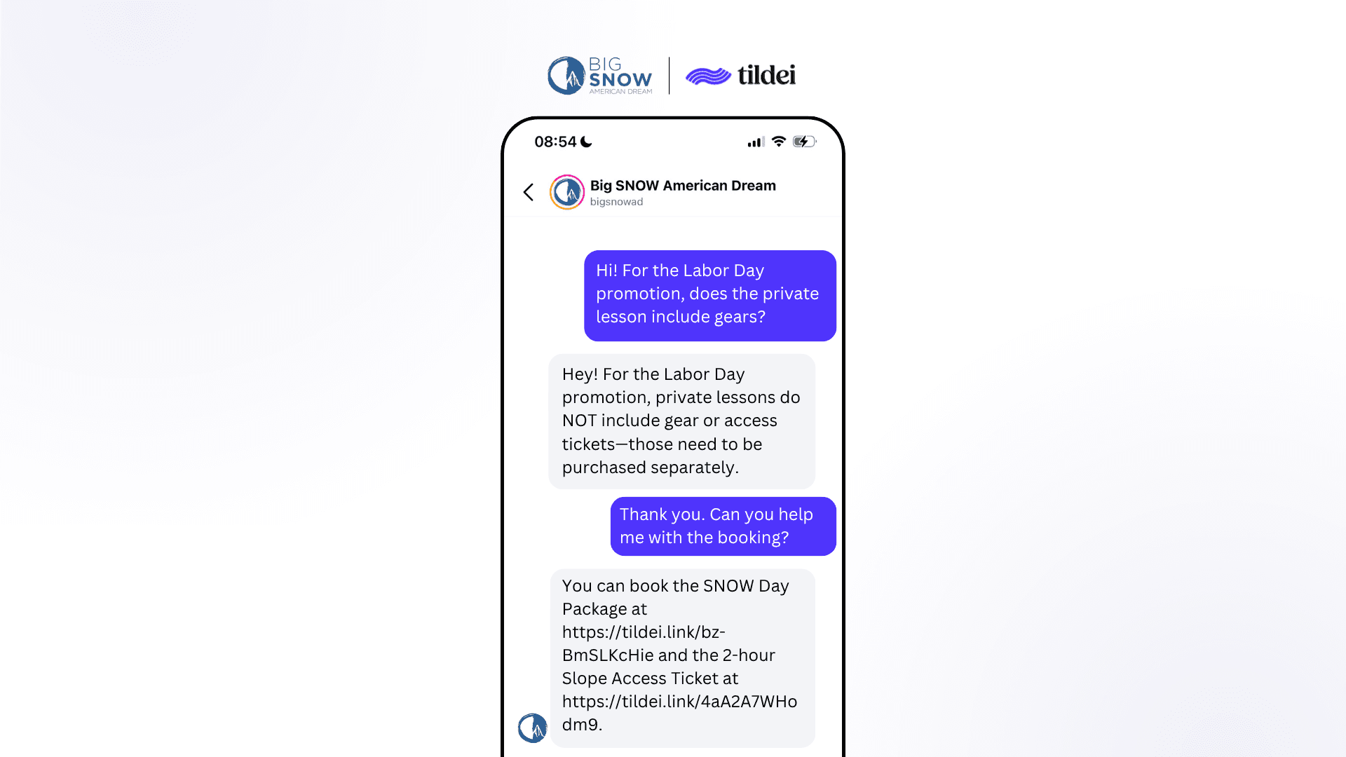 Instagram DM conversation where an AI assistant answers a guest's question about Big SNOW's Labor Day promotion and sends direct booking links.