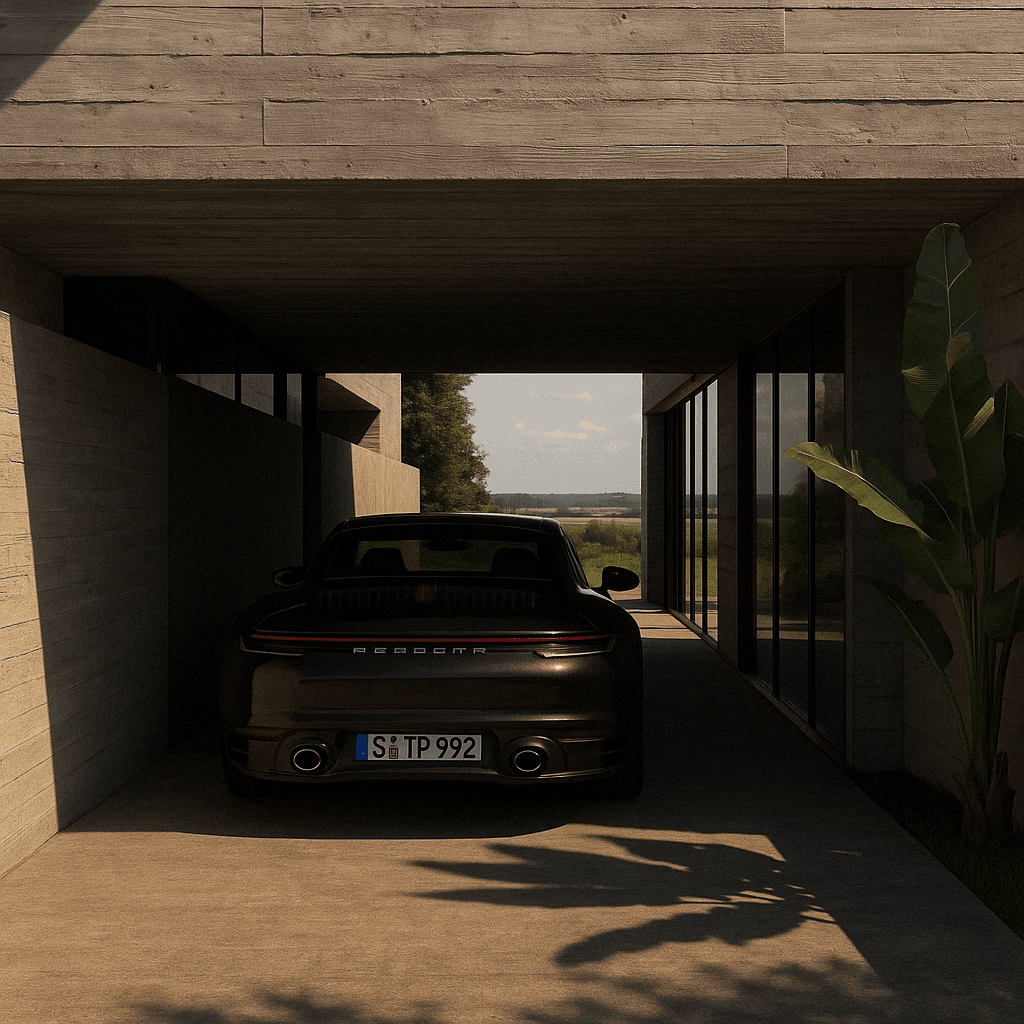 Modernist carport in brutalist Belgian home with exposed concrete and Porsche sports car — architecture by