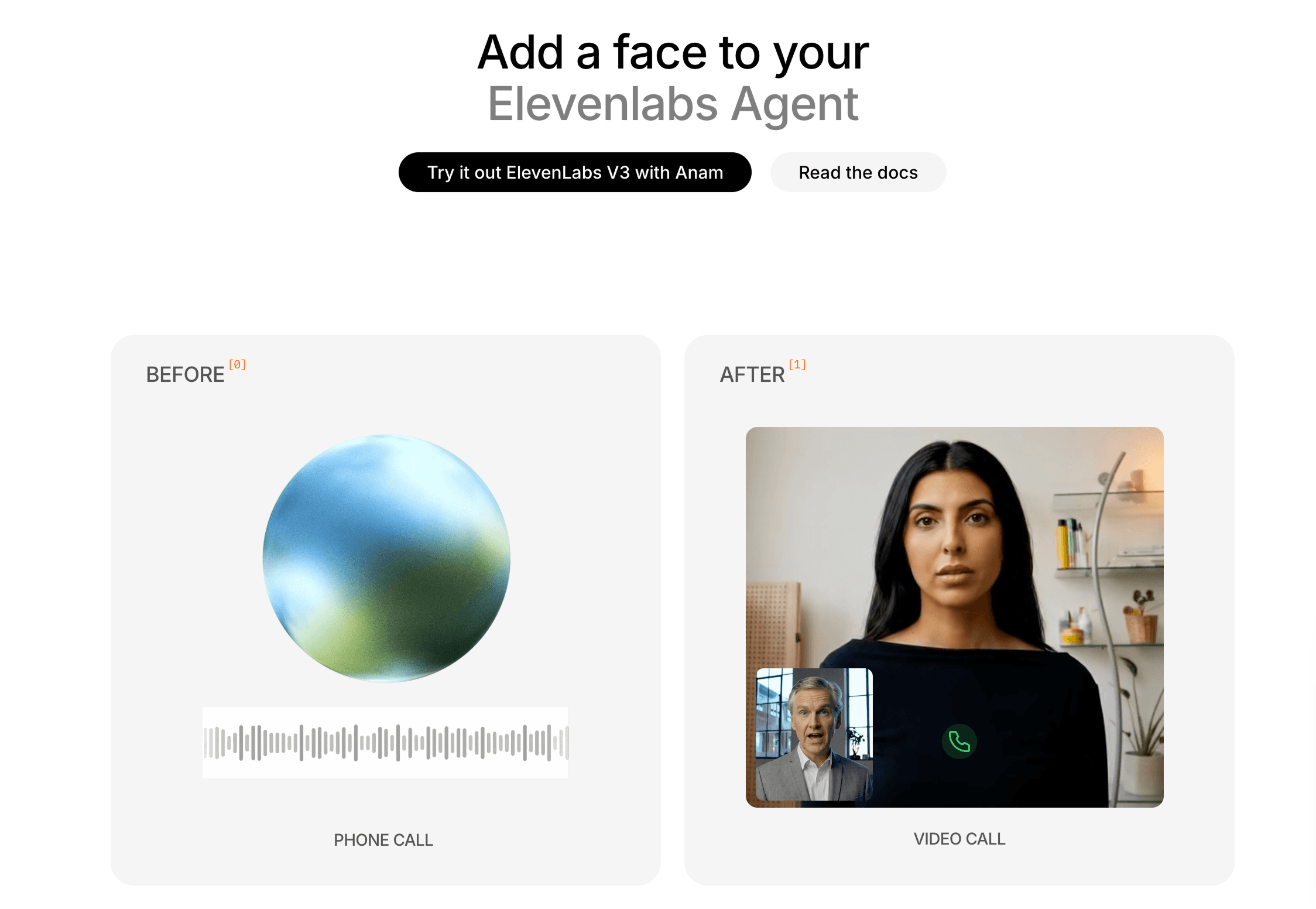 Before (showing the ElevenLabs orb) and after showing and interactive 2 way conversation with a realistic avatar by Anam