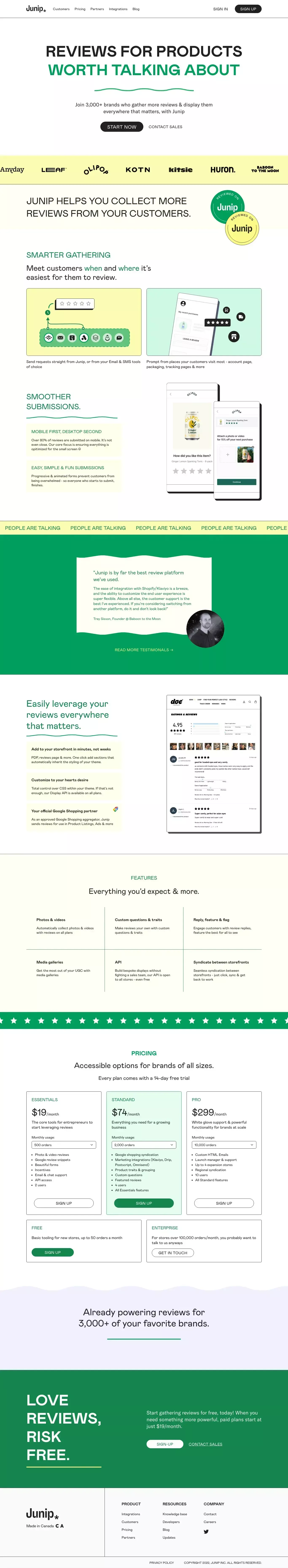 Junip landing page screenshot showcasing Tech and Marketing design