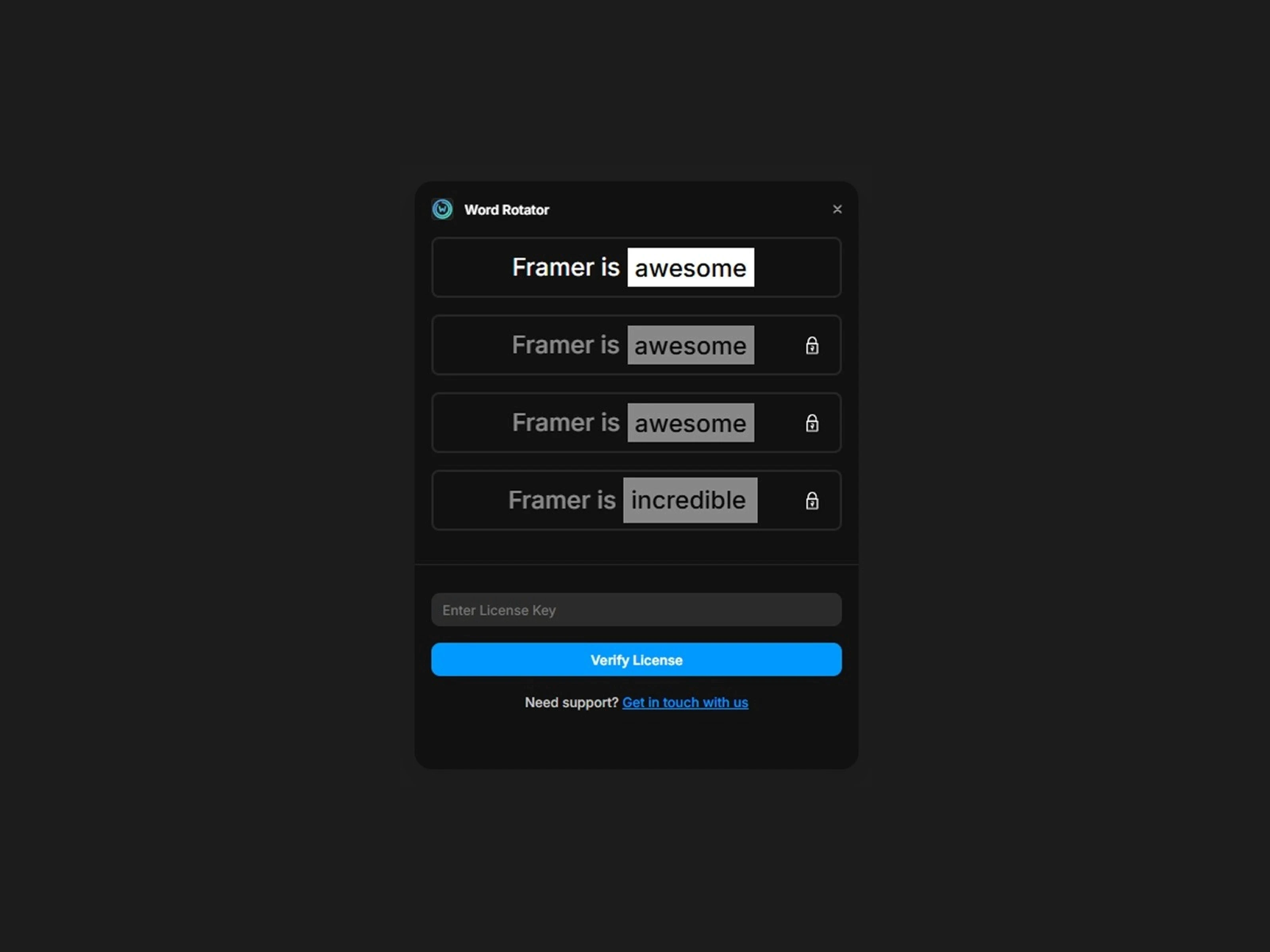 Framer is a Word Rotator box with multiple words listed as locked within a layer.