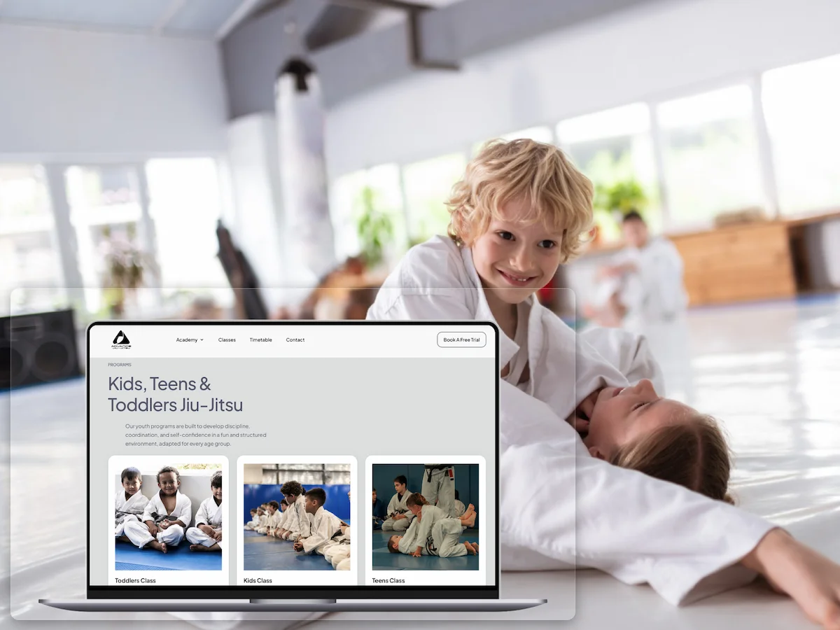 Jiu Jitsu academy website with training environment and community-focused layout