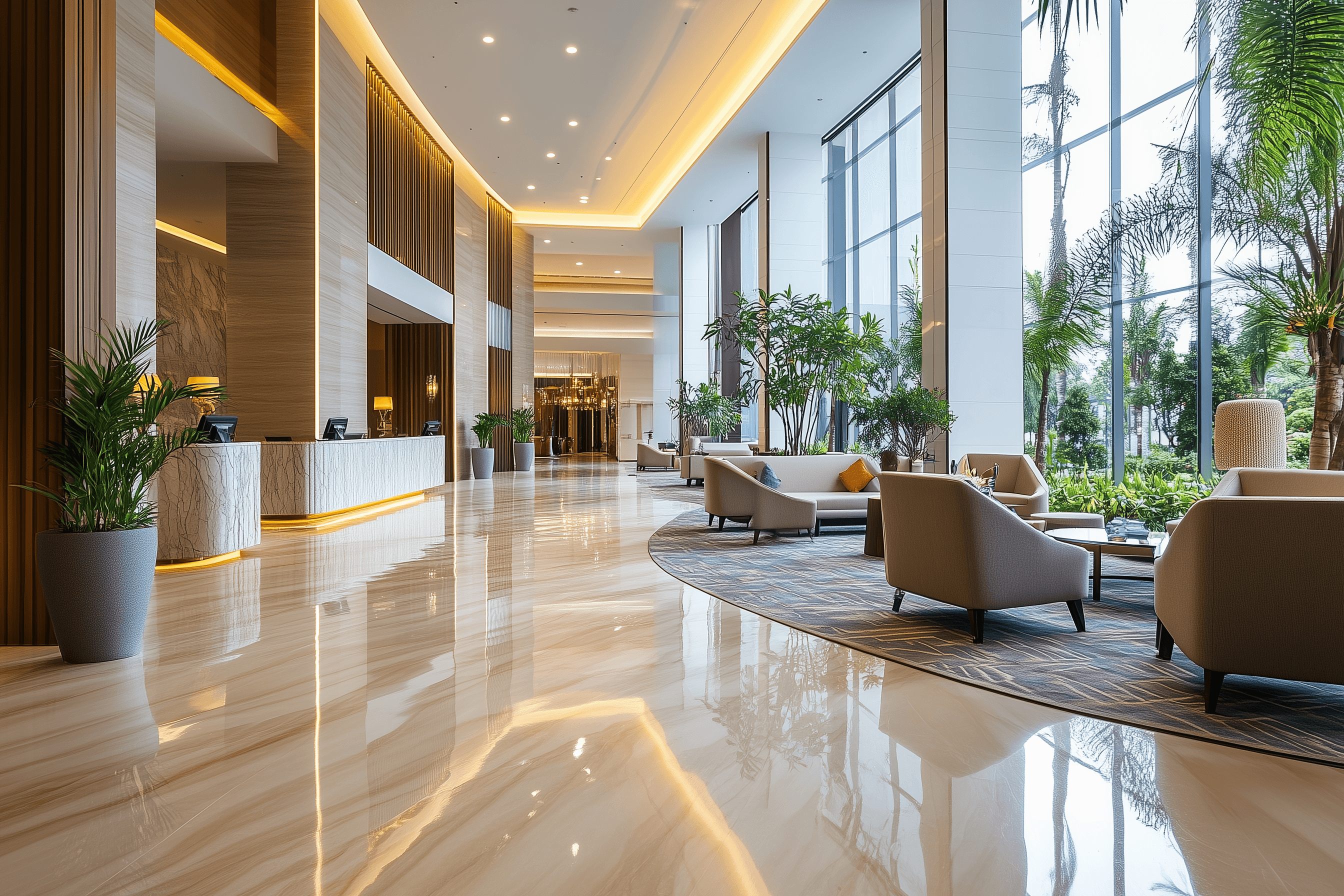 The interior space of a beautiful hotel lobby, with beautiful lighting and furniture.