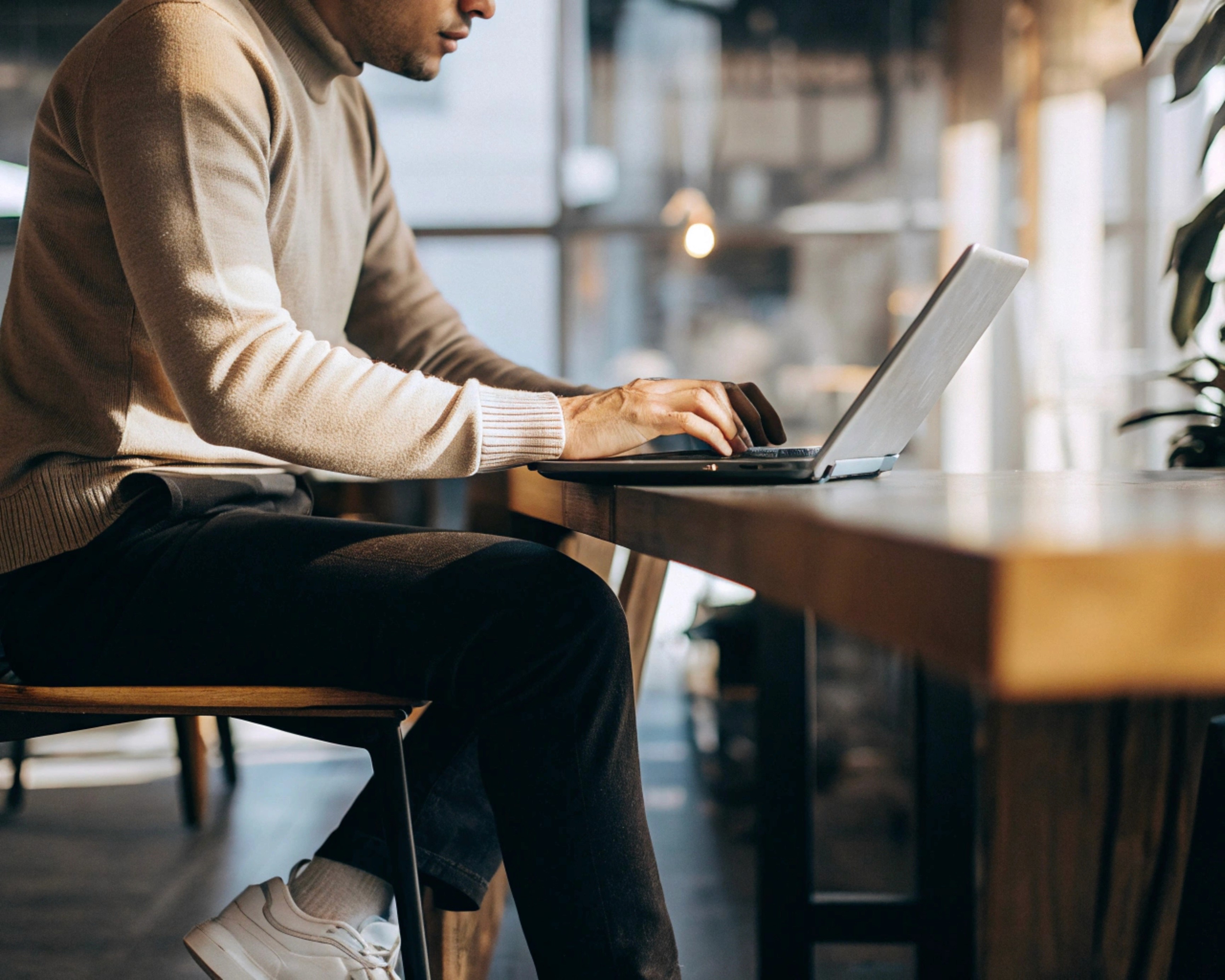 Man using laptop computer at a wooden table, typing on the keyboard. He's wearing a beige sweater and black pants.