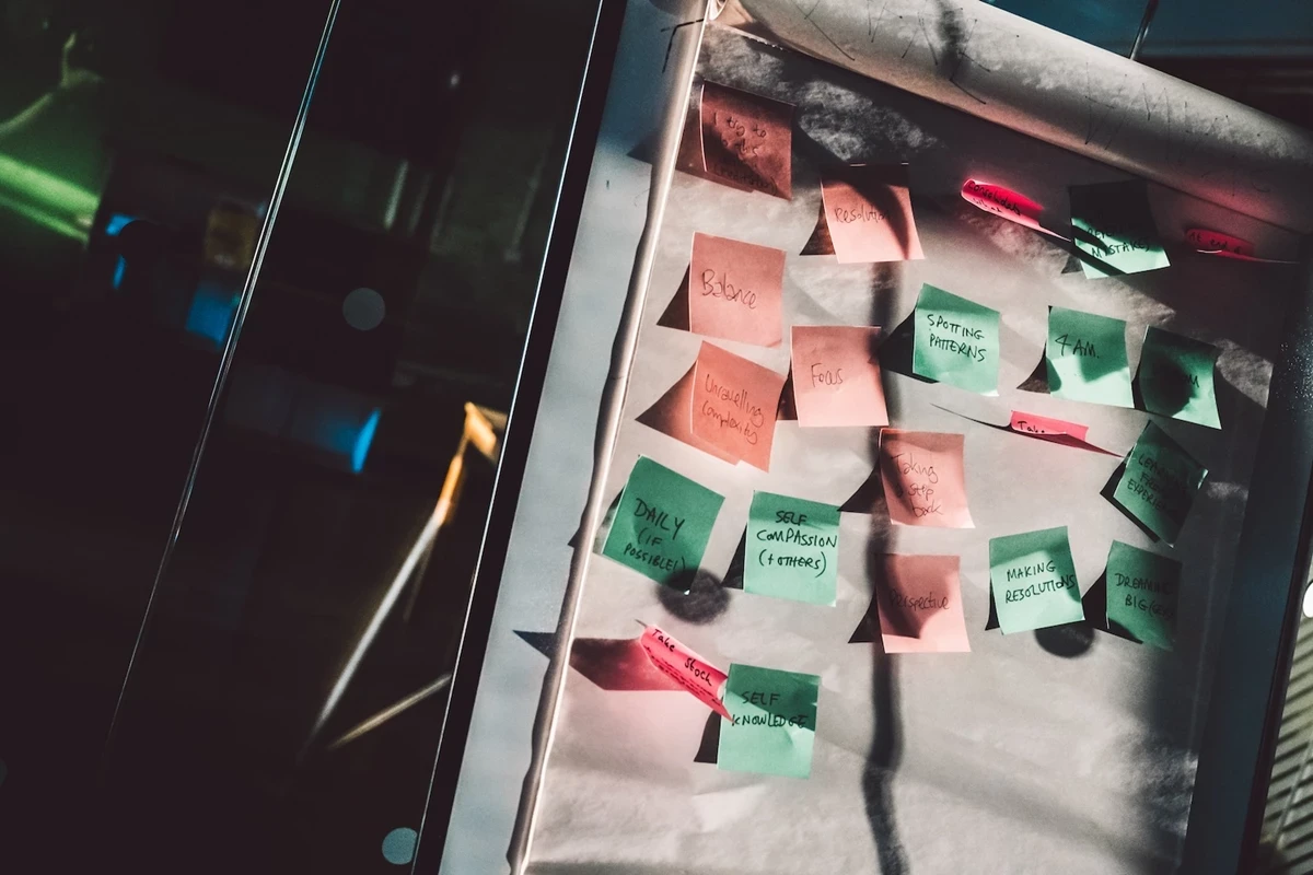 Flip chart with multiple colorful sticky notes arranged in clusters, featuring handwritten words and phrases related to goals and patterns.