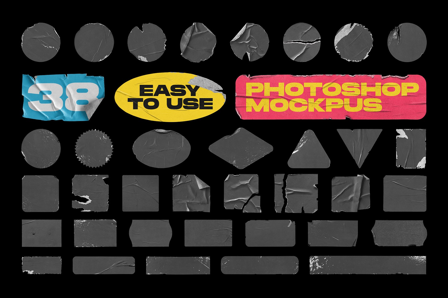Selection of 38 blank black sticker mockup shapes with realistic creases and peeled edges