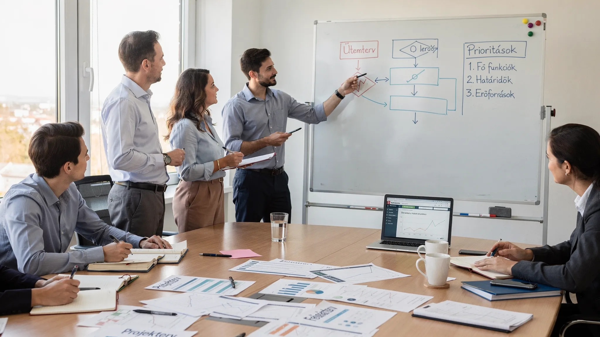 Egyeztetés egy tárgyalóban: projektcsapat egy whiteboard előtt áll, a táblán folyamatábra és prioritás lista látható, az asztalon jegyzetek és nyomtatott tervdokumentumok.