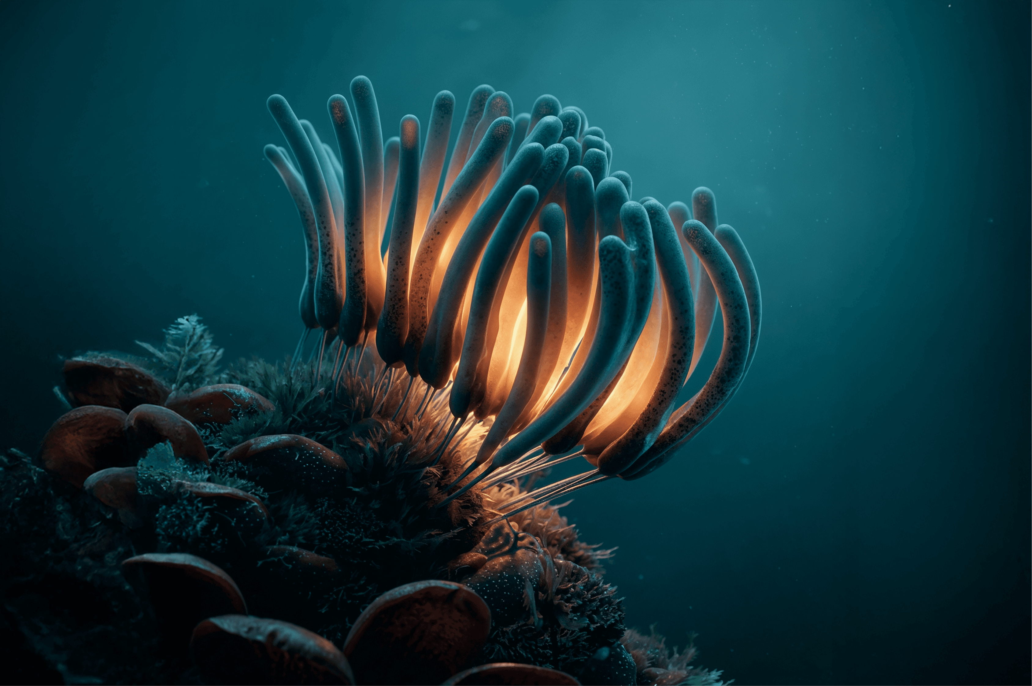 A close-up, low-angle shot captures a cluster of bioluminescent, tube-like organisms glowing with an internal orange light against a dark, deep-sea background. These organisms, resembling anemone tentacles or sea anemones, are arranged in a semi-circular formation, with their tips curving upwards and inwards. They are attached to a textured, dark substrate covered in smaller, reddish-brown, shell-like objects and green, feathery plant-like structures. The lighting is dramatic, with the internal glow of the main subjects illuminating the surrounding elements and creating a sense of depth and mystery. The water is dark and slightly murky, with a few small particles visible.