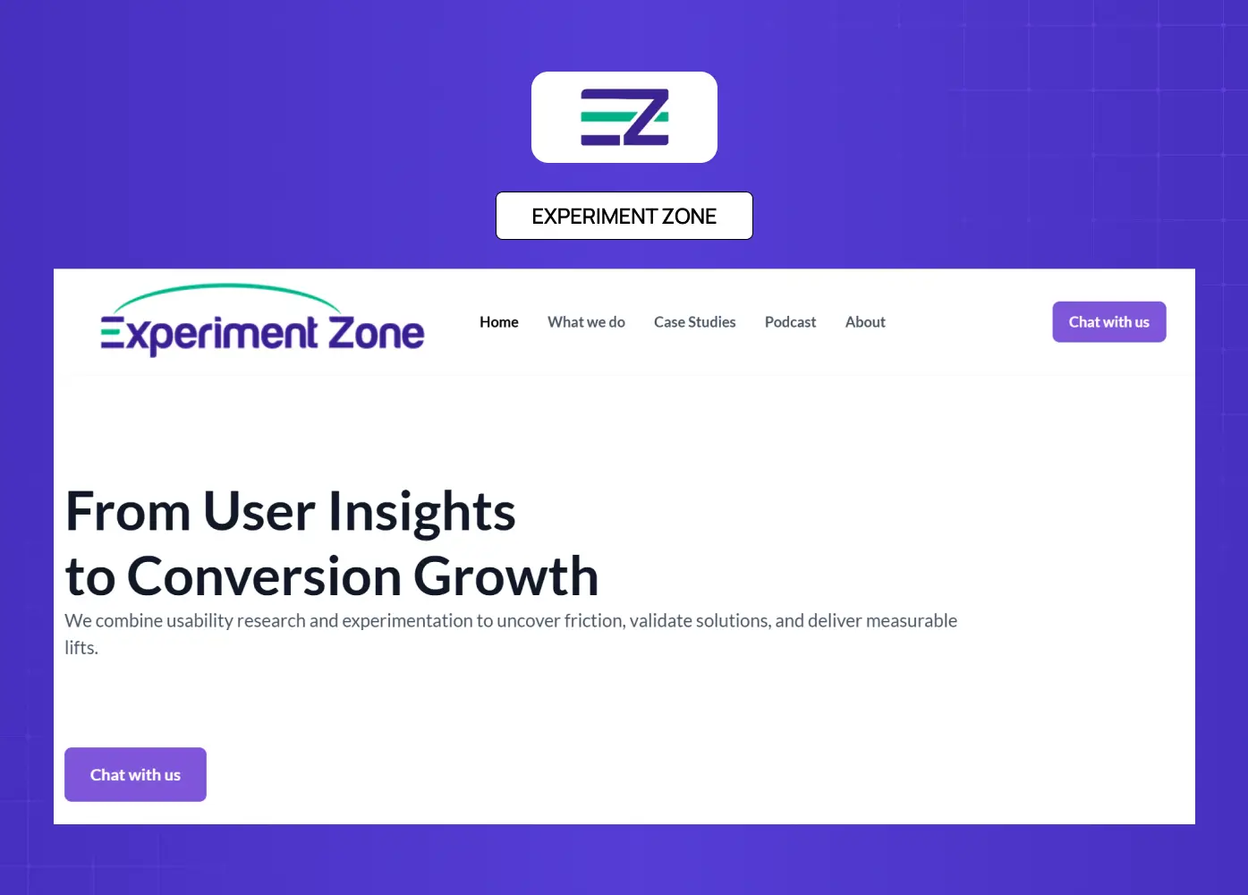 Experiment Zone website homepage focused on usability research and conversion optimization with simple layouts and strong headline hierarchy.