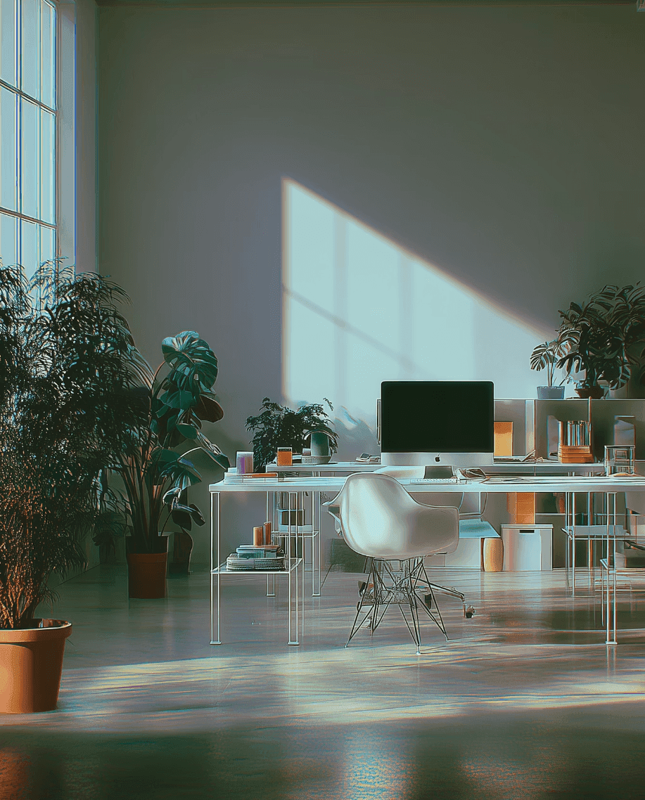 Modern desk setup with plants and large windows in a coworking space