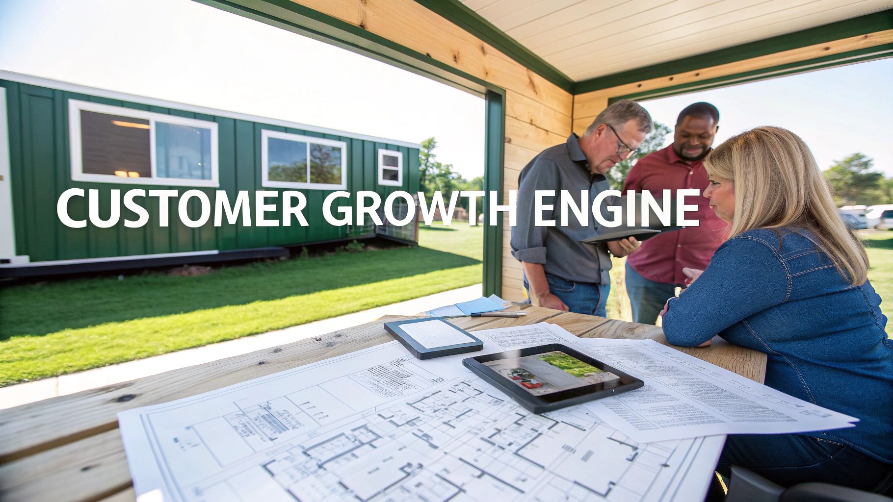 Professionals discuss blueprints and digital plans on a table, with a modular building in the background.