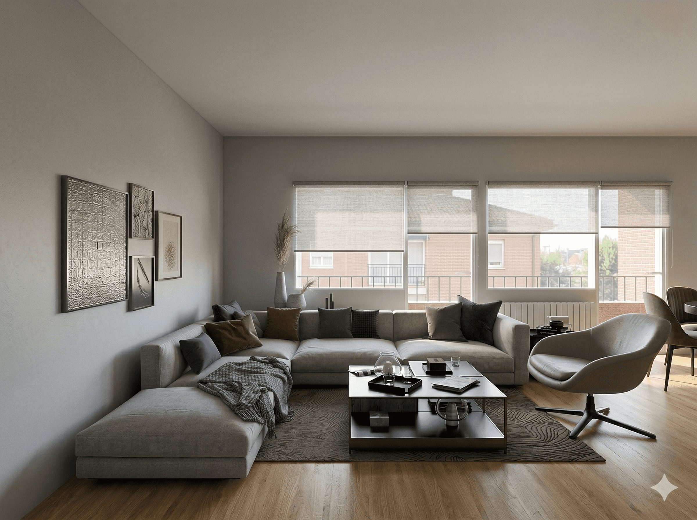 a living room filled with furniture and a large window