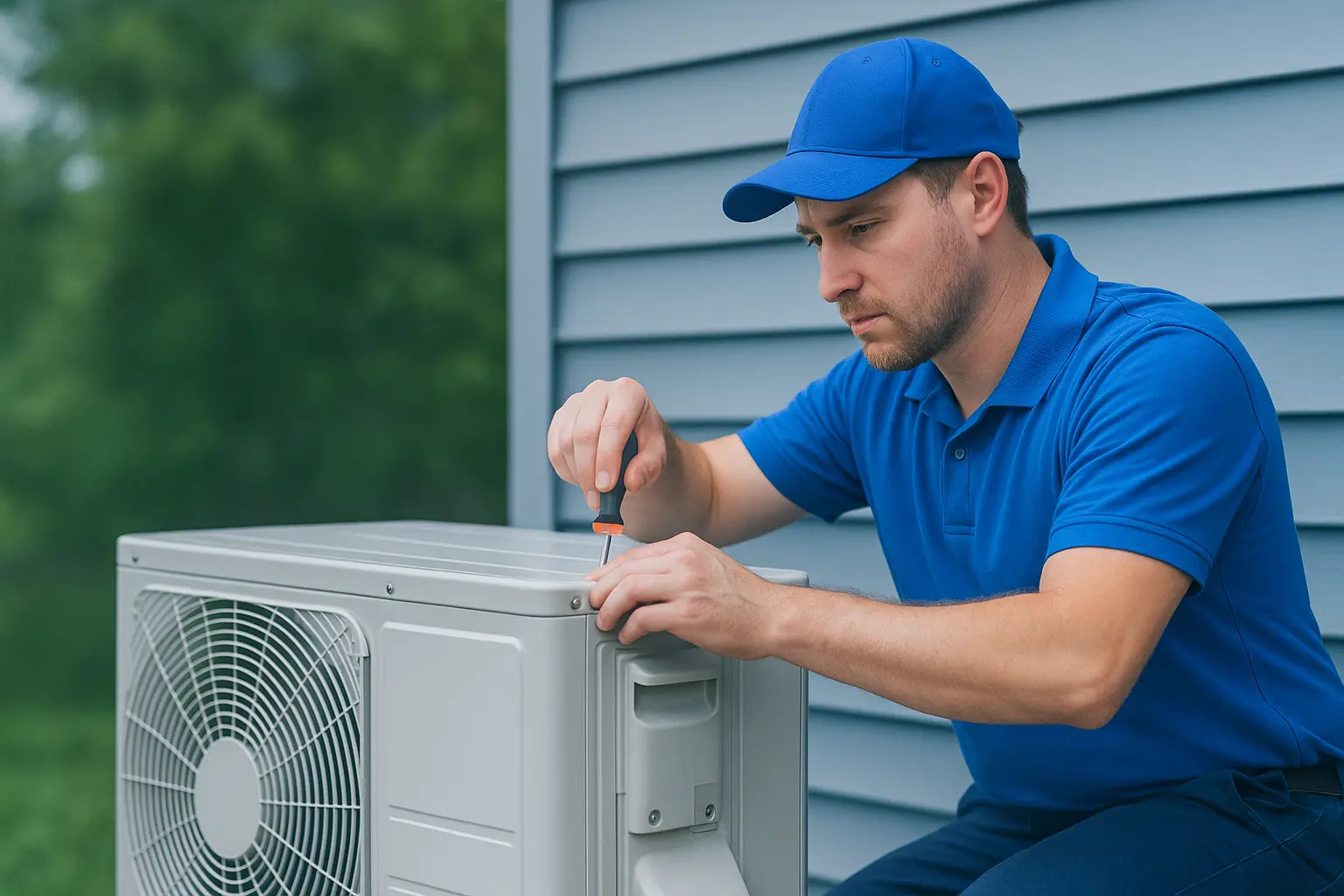 HVAC technician in blue uniform working on outdoor air conditioning unit, showcasing expert service and maintenance for reliable HVAC solutions.