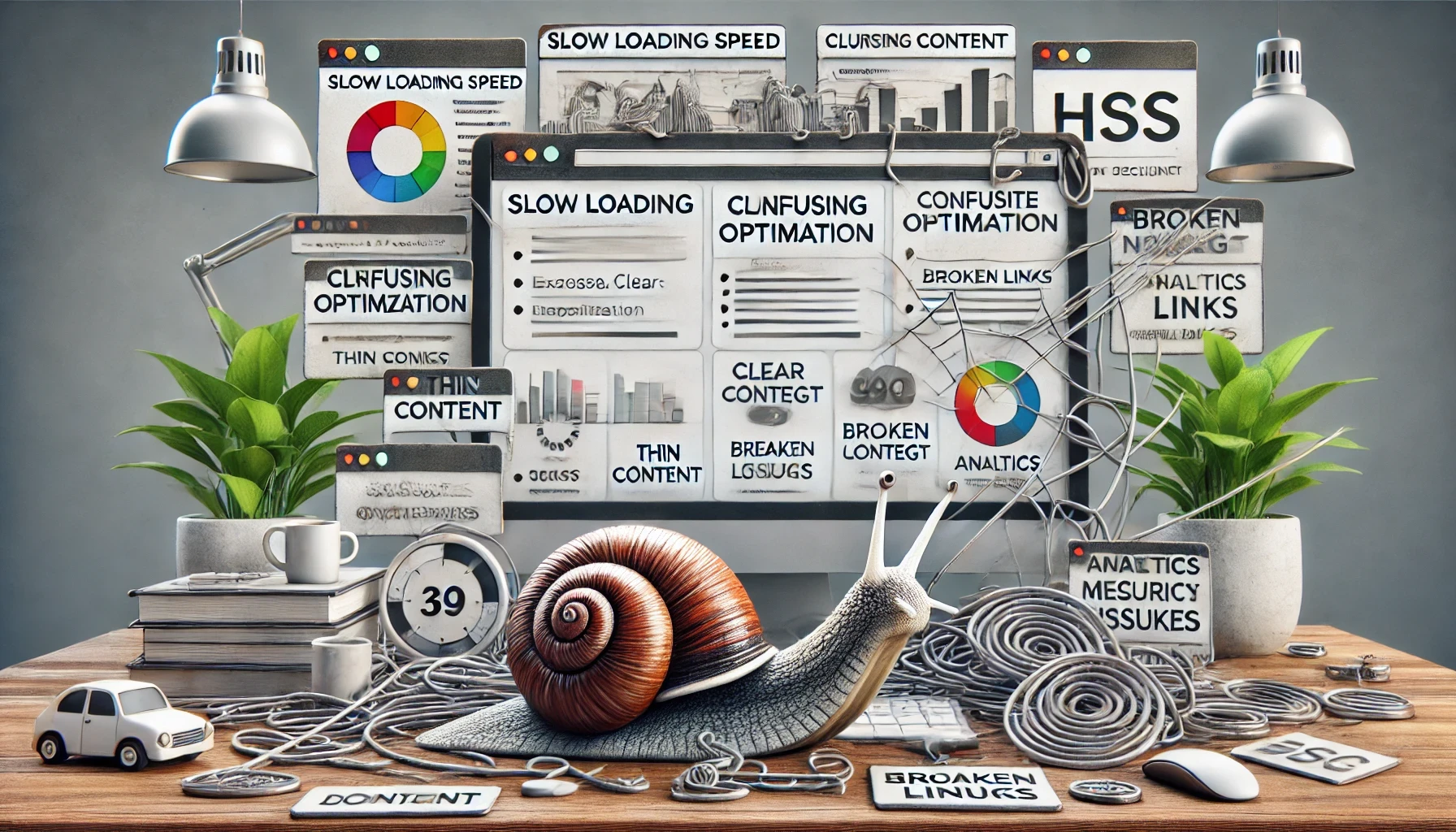 Realistic illustration of common website mistakes, including slow loading speed represented by a snail, poor mobile optimization with a distorted phone screen, confusing navigation as a maze-like interface, cluttered design with overloaded elements, lack of clear CTAs as a blank button, thin content as an empty document, SEO issues as a disorganized search page, HTTPS problems with a broken padlock, broken links as disconnected chains, and analytics neglect as a blank dashboard.