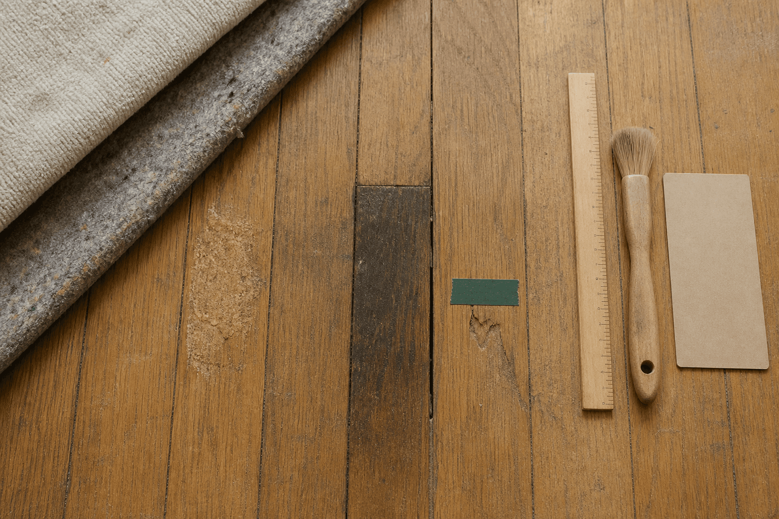 Zone test sur un parquet ancien sous moquette, avec plusieurs défauts à diagnostiquer
