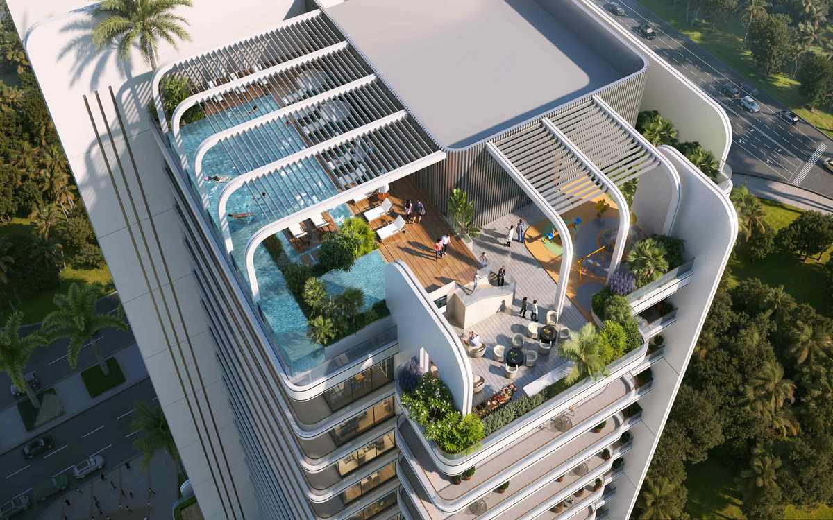 Overhead shot of Le Blanc by Imtiaz, a prominent tall building in the heart of a vibrant city.