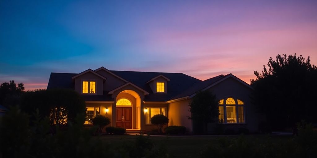 Twilight real estate photo of a beautifully illuminated home.