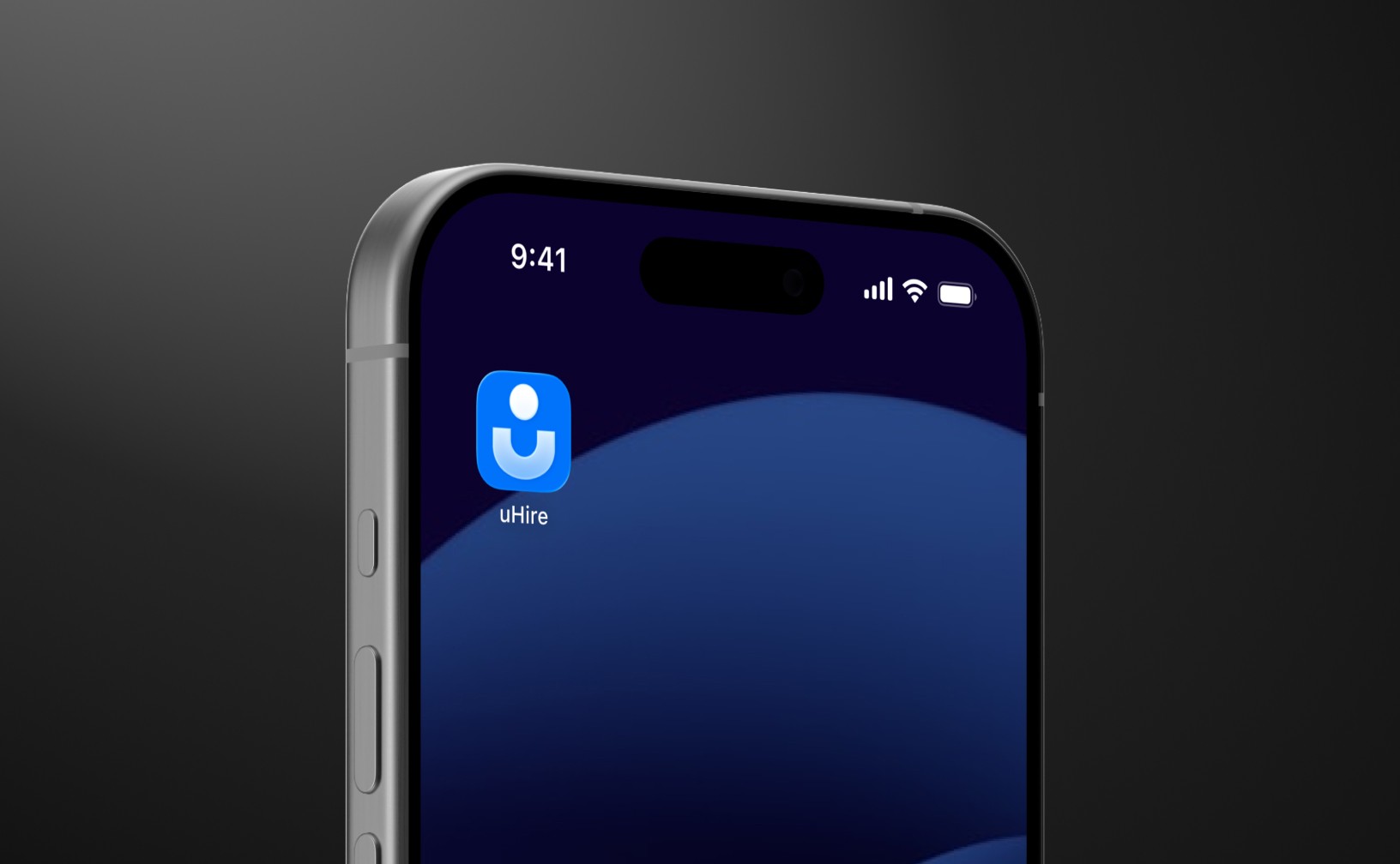 An iPhone 15 Pro mockup showing the app icon of uHire