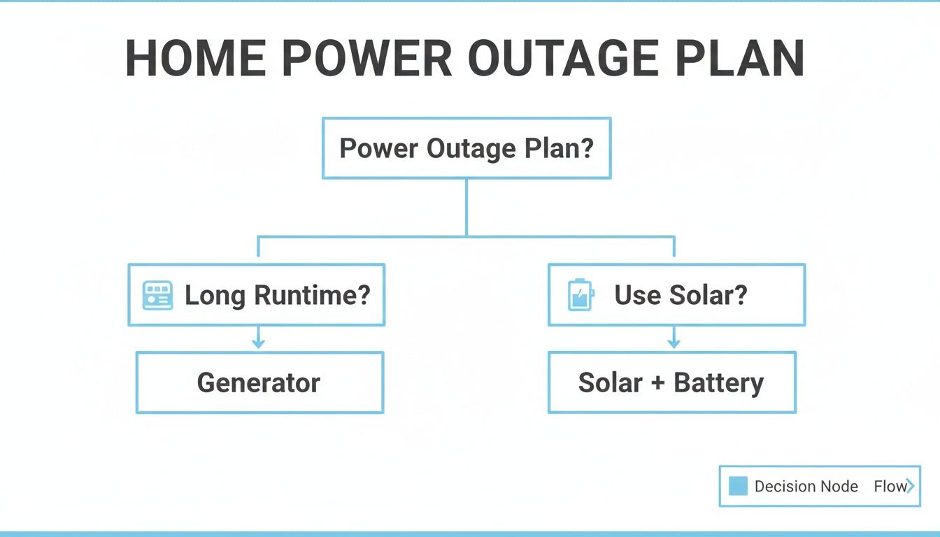 Flowchart illustrating a home power outage plan with options for a generator or solar battery.