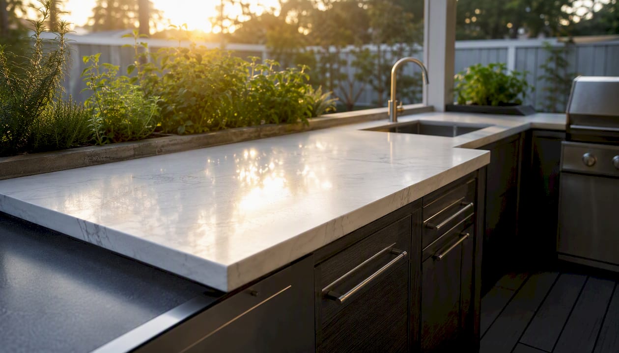 Porcelain slab countertop on outdoor deck kitchen